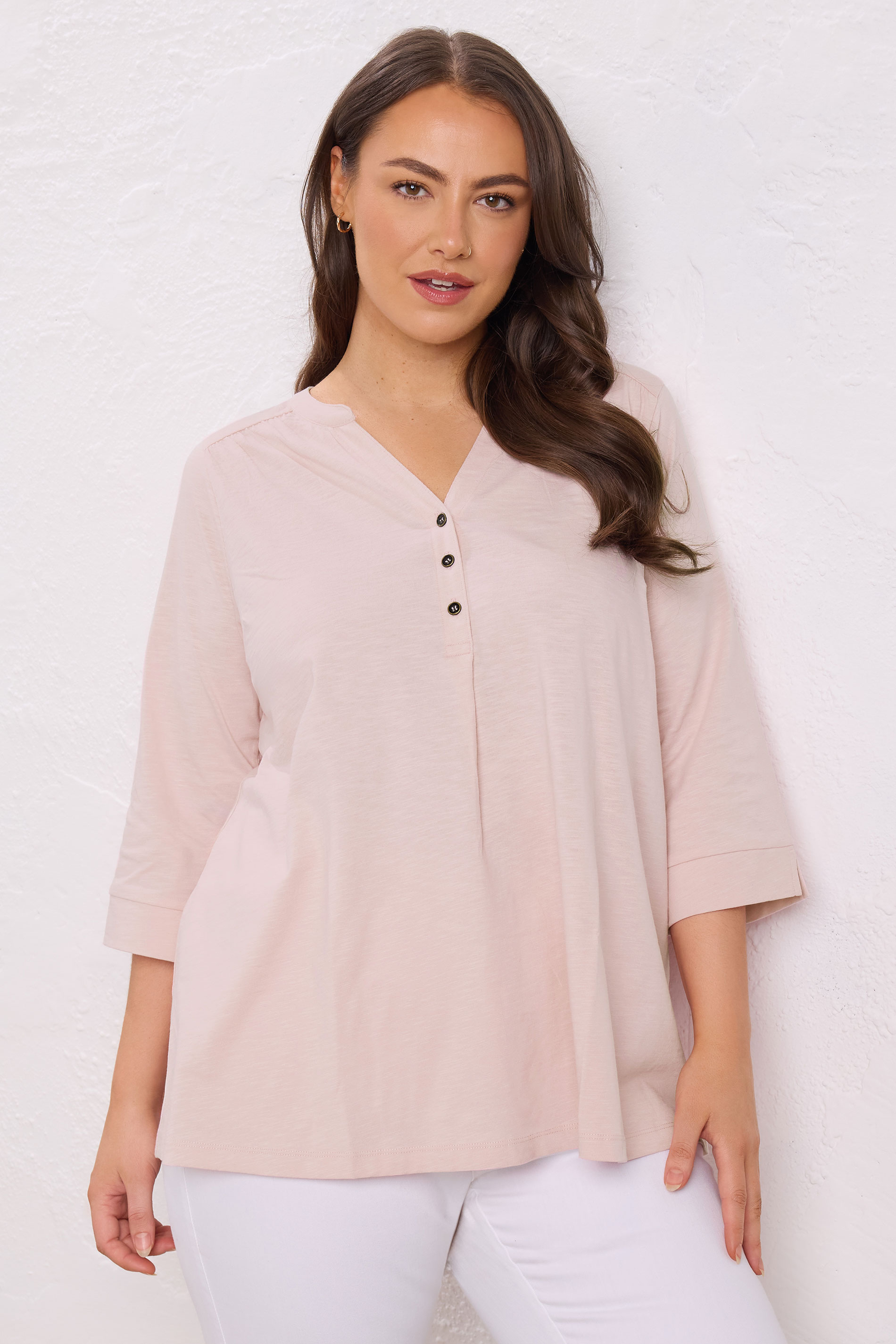 EVANS Plus Size Pink Pleat Front Henley Top | Evans 3