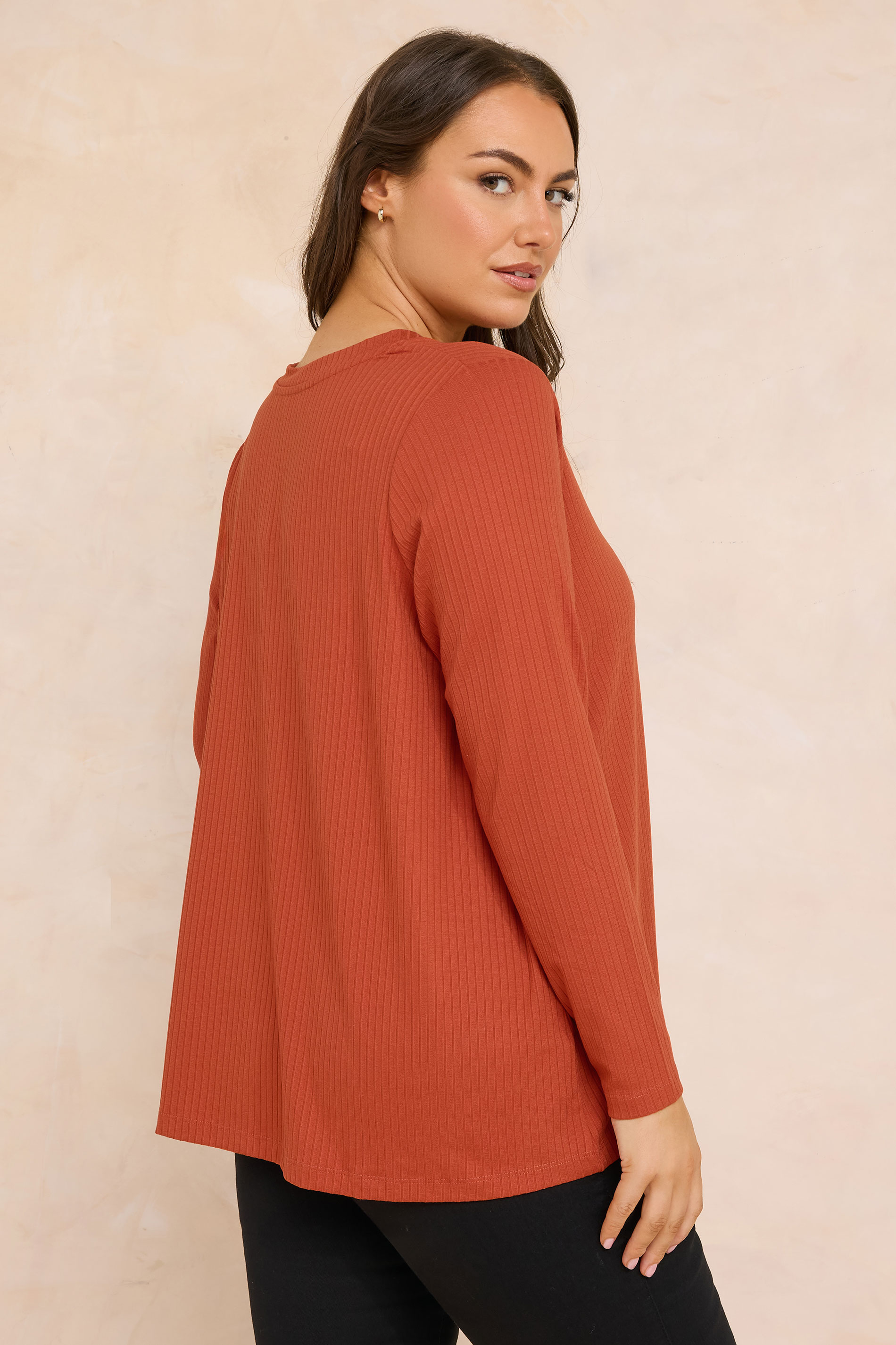 EVANS Plus Size Rust Orange Premium Ribbed Modal Blend Swing Top | Evans 2