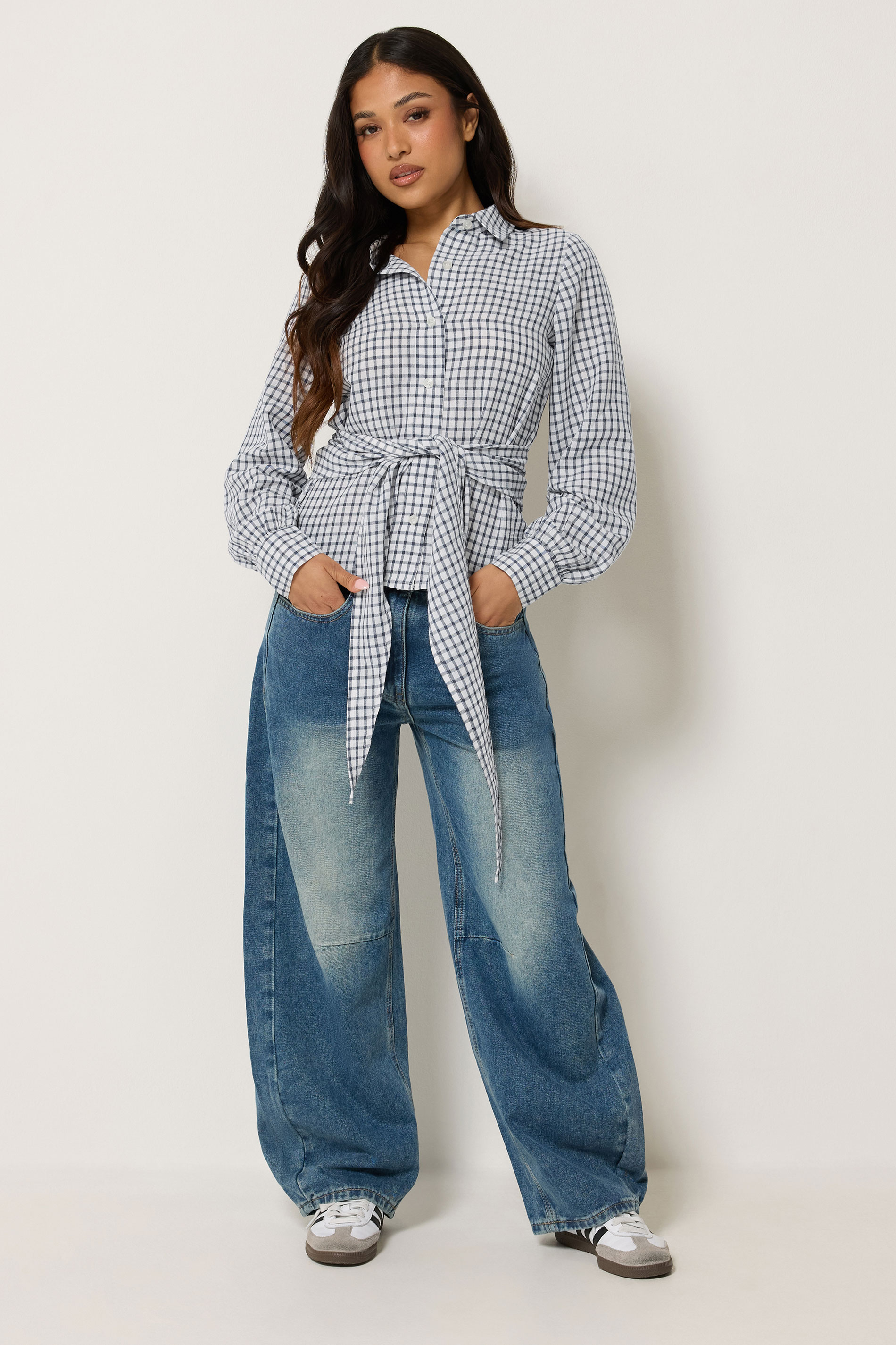 PixieGirl Petite Women’s Navy Blue Check Cotton Bandana Shirt | PixieGirl 1