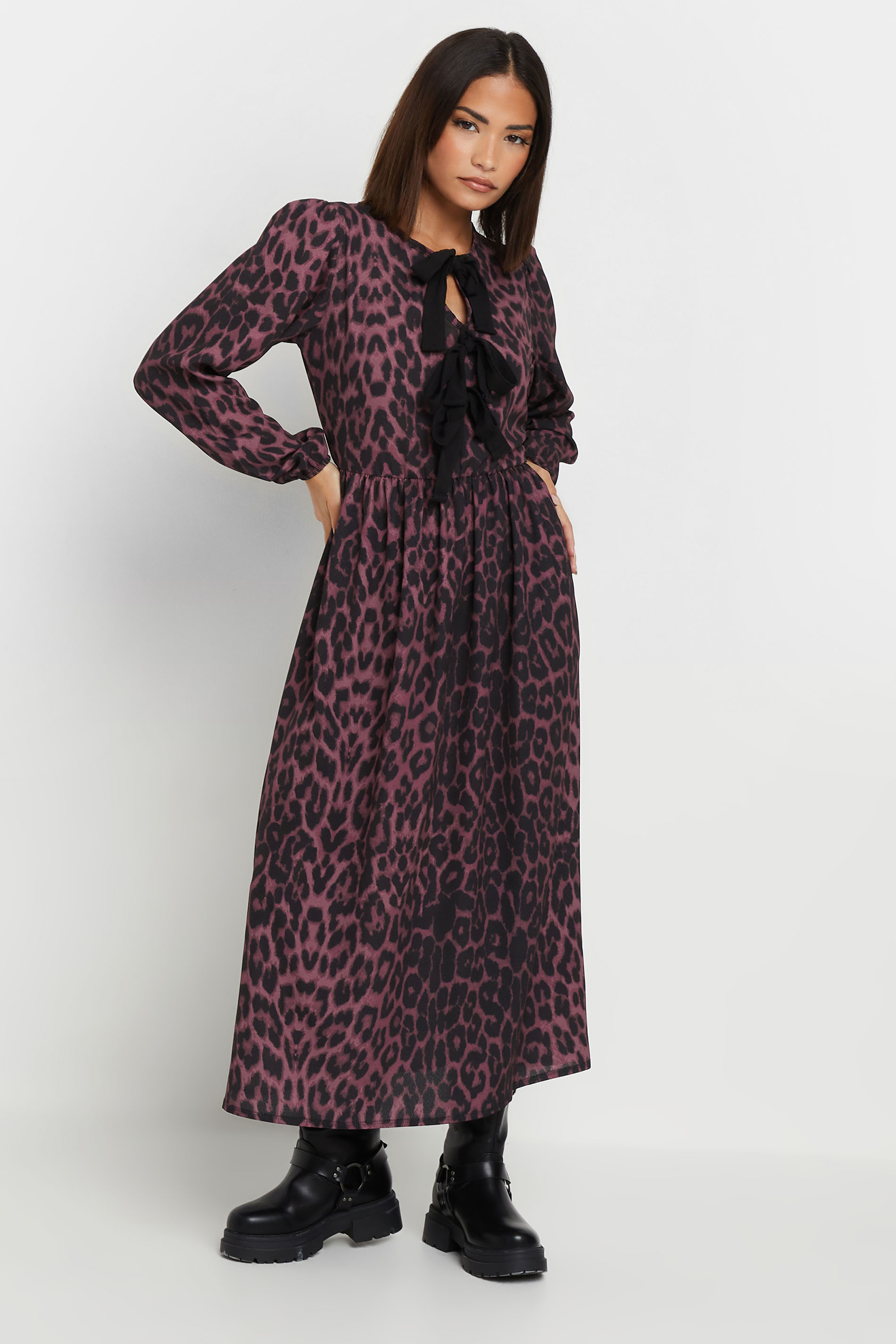 PixieGirl Petite Women's Burgundy Red Leopard Print Tie Bow Dress | PixieGirl 3