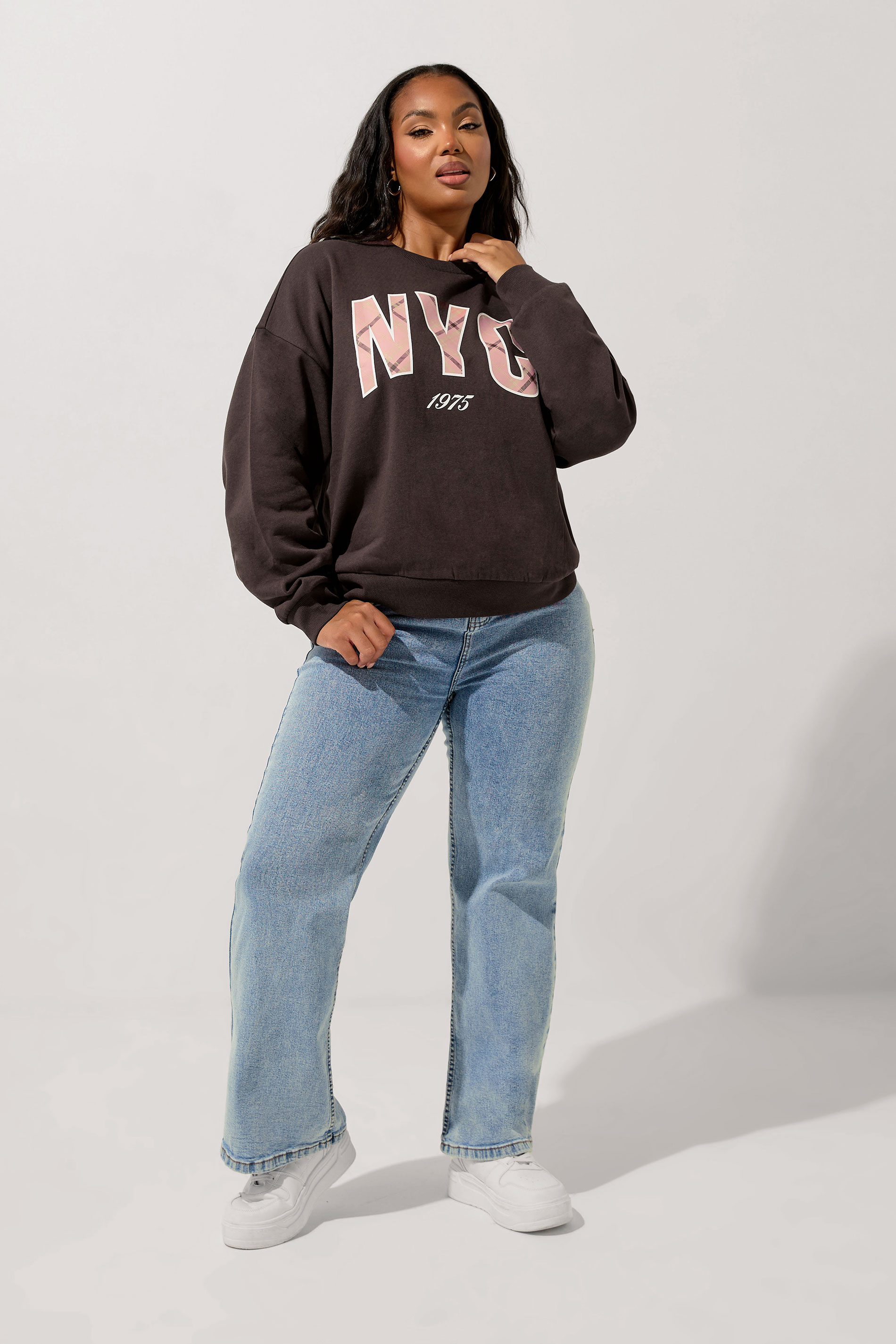 YOURS Plus Size Chocolate Brown 'NYC' Check Sweatshirt | Yours Clothing 1