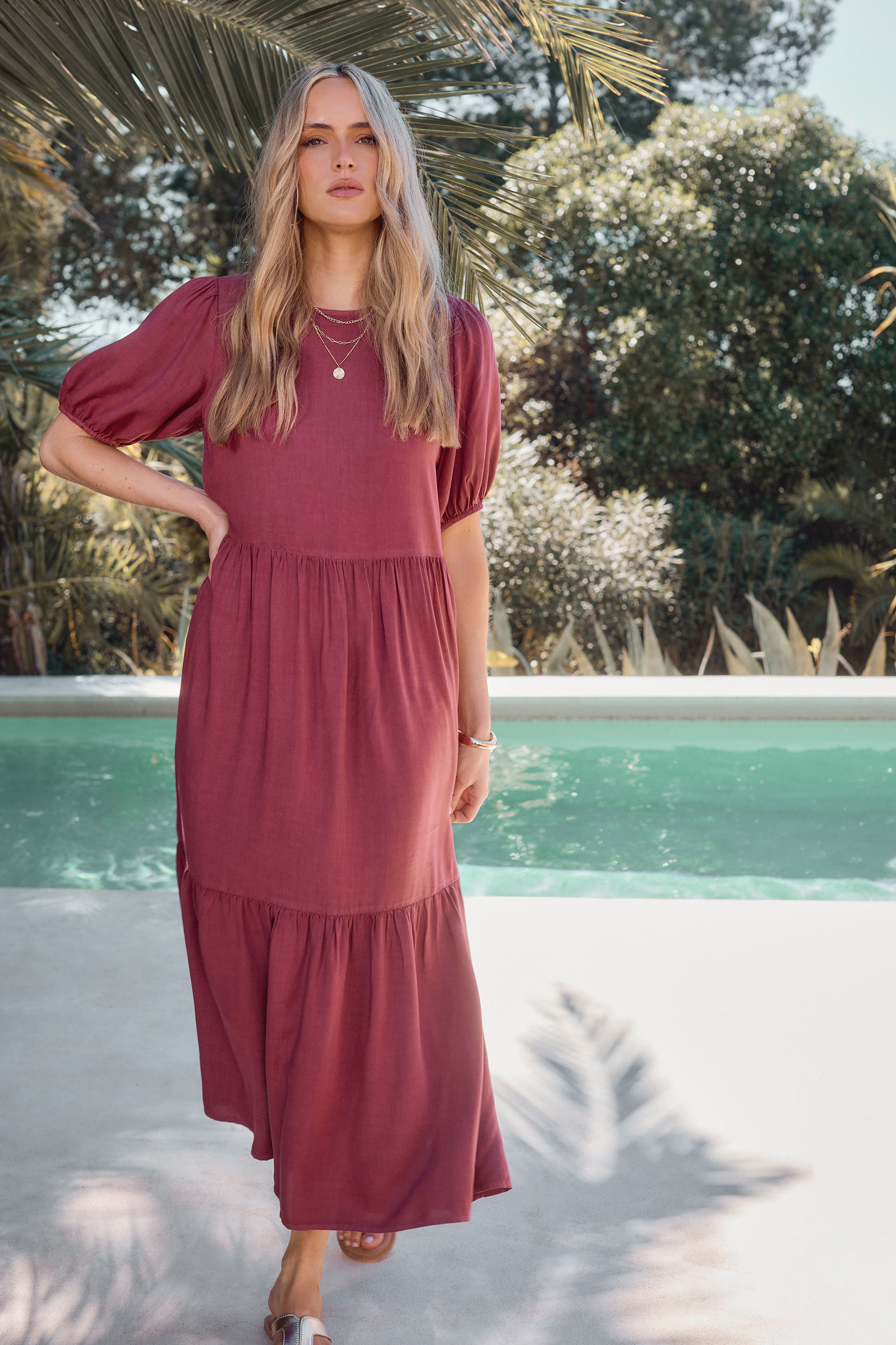 LTS Tall Dark Red Puff Sleeve Tiered Maxi Dress | Long Tall Sally 3