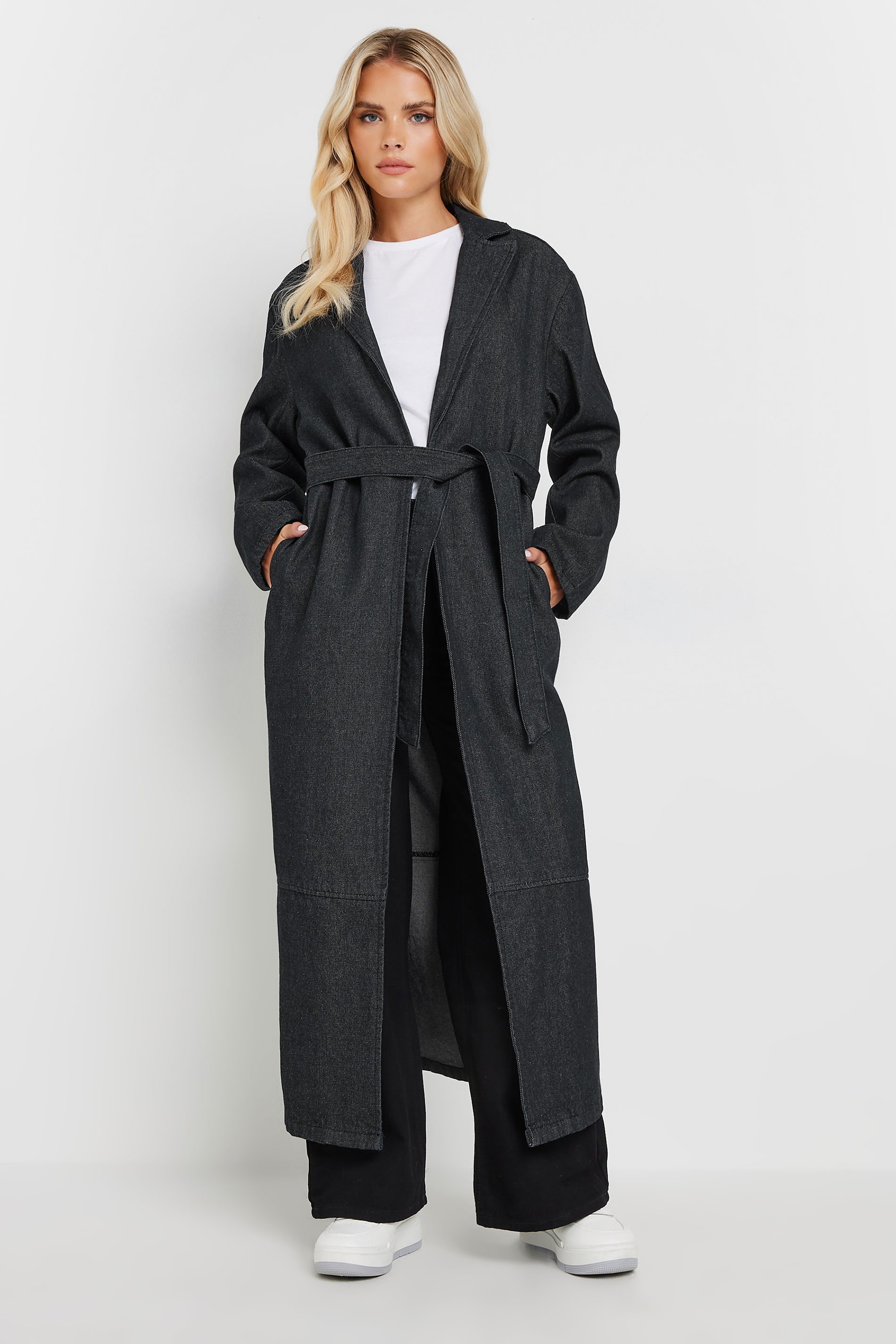PixieGirl Petite Indigo Blue Denim Belted Cotton Trench Coat | PixieGirl 2