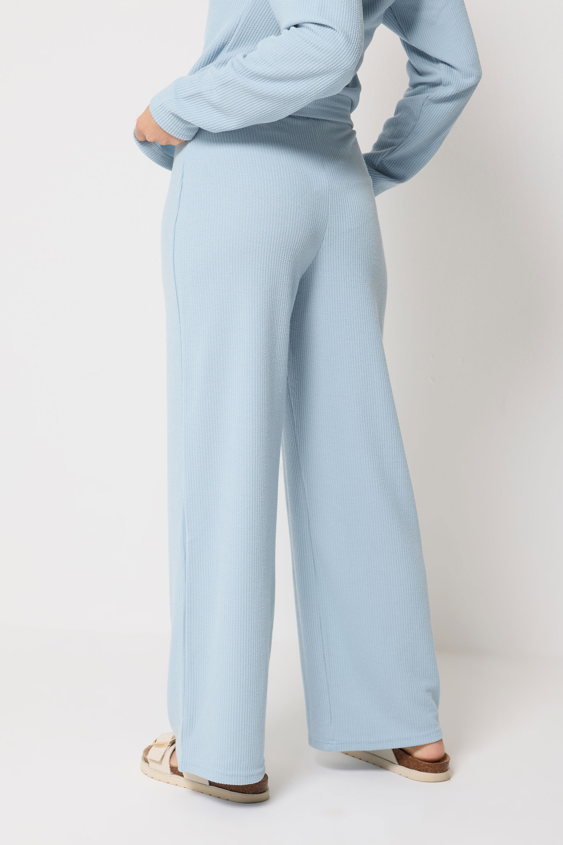 PixieGirl Petite Women's Light Blue Ribbed Wide Leg Trousers | PixieGirl 2