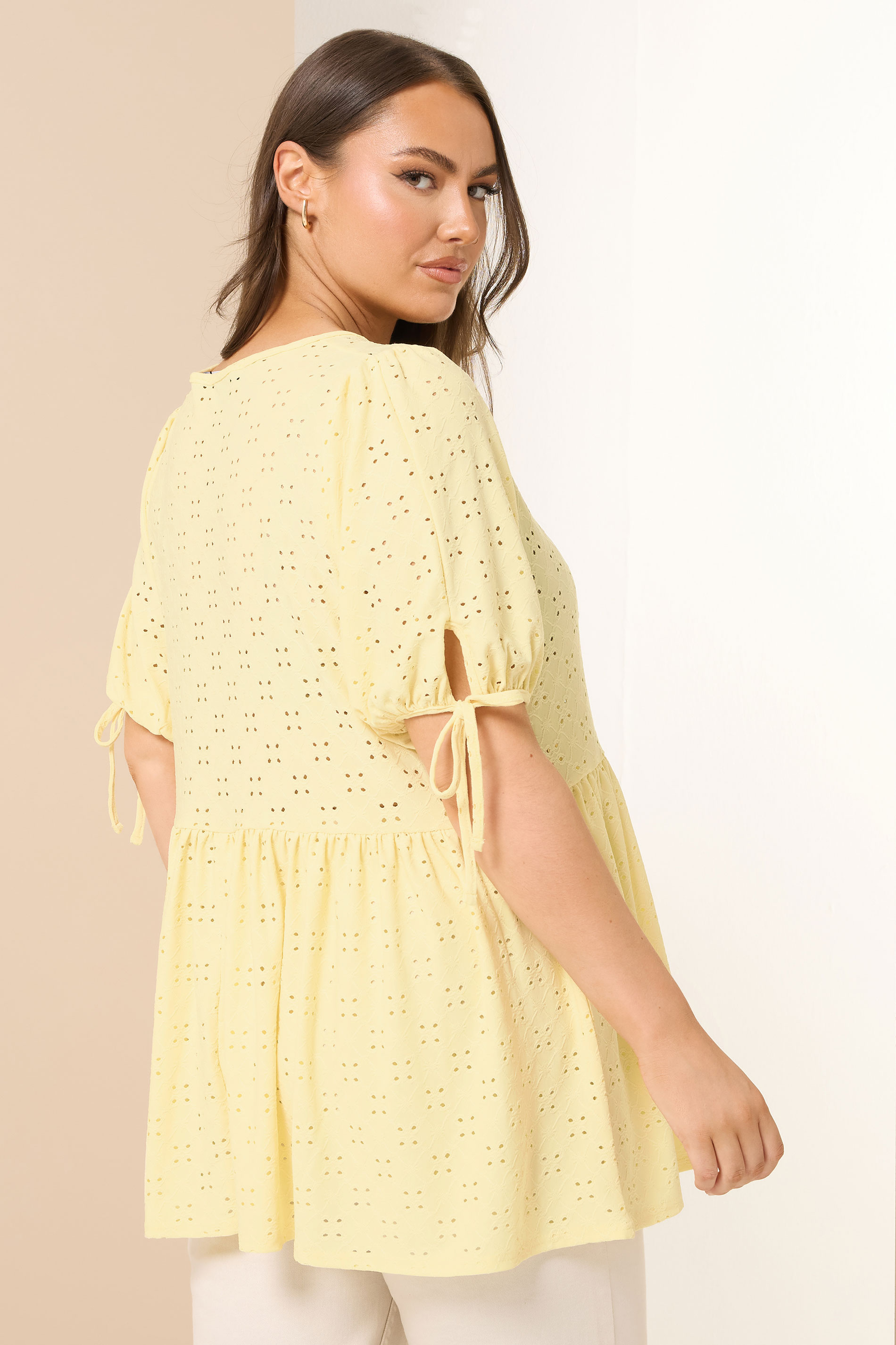YOURS Plus Size Yellow Broderie Anglaise Tie Front Peplum Top | Yours Clothing 2