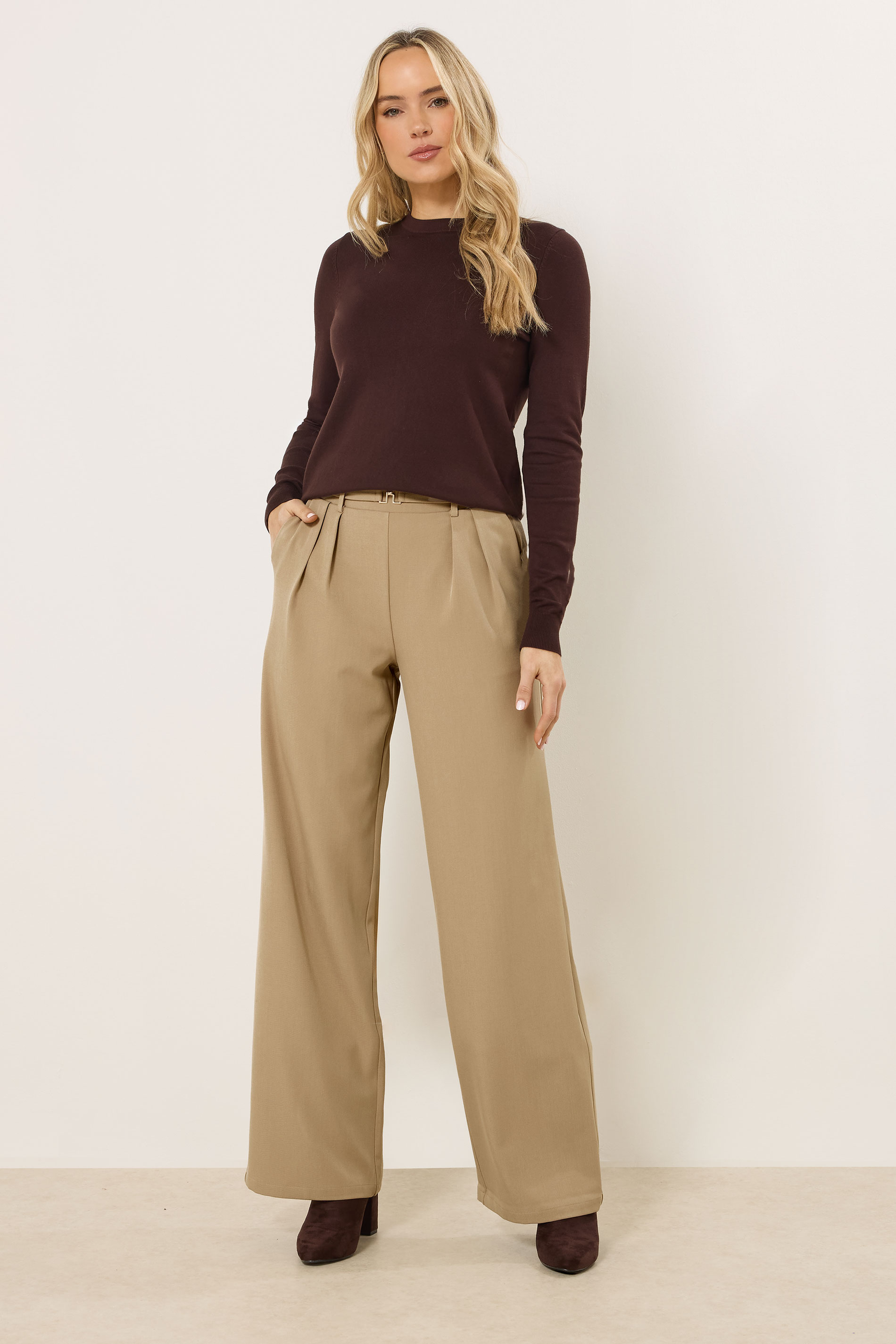 LTS Tall Women's Natural Brown Buckle Wide Leg Trousers | Long Tall Sally 3
