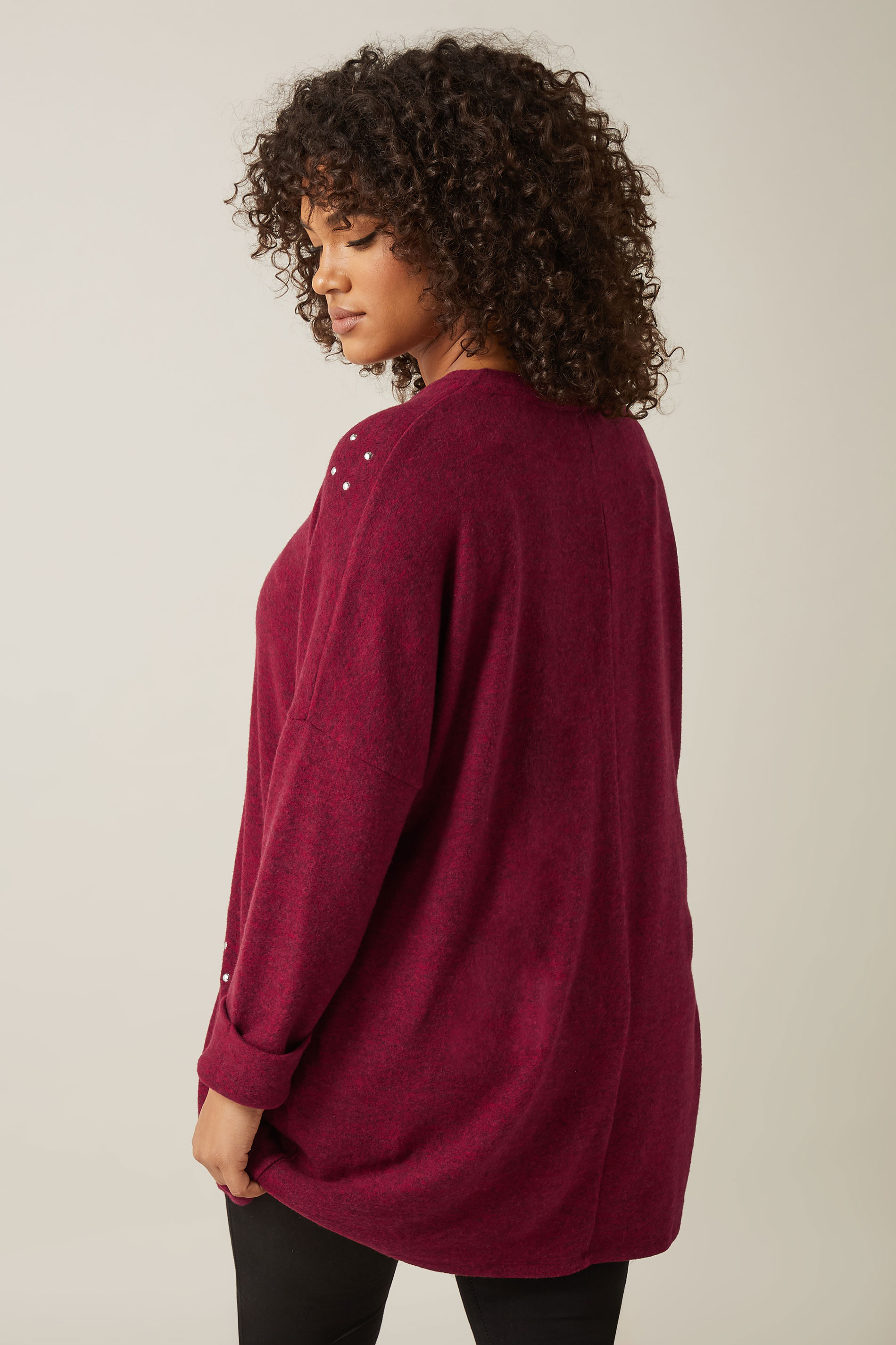 EVANS Plus Size Burgundy Red Stud Longline Jumper | Evans  2