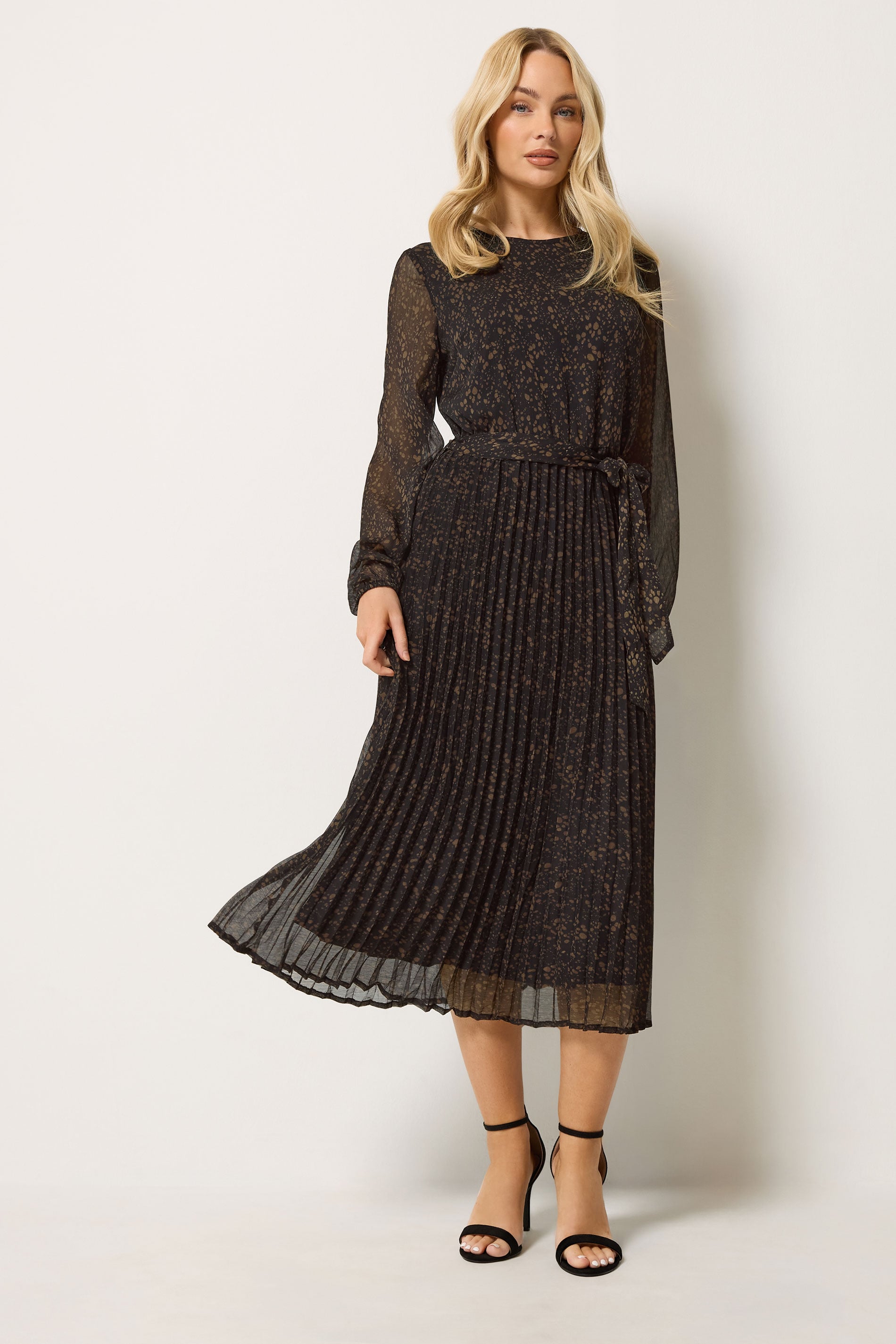 M&Co Women's Black Abstract Spot Pleated Midi Dress | M&Co 1
