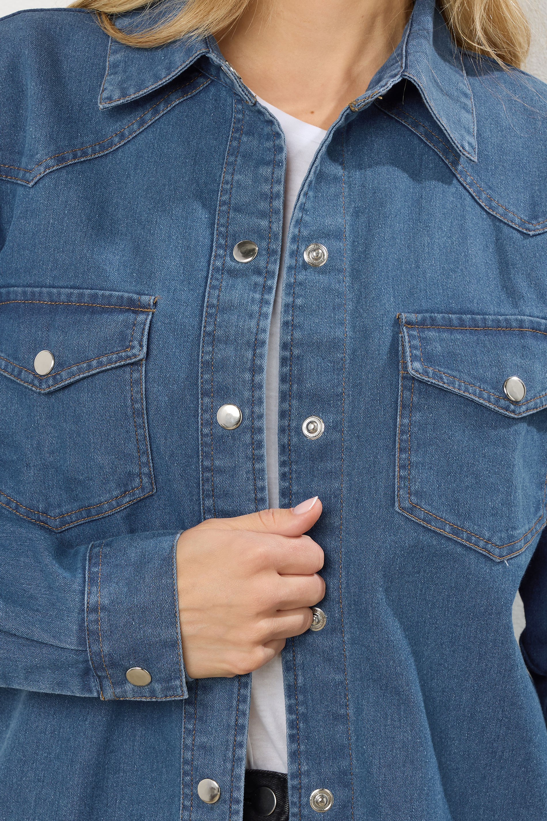 LTS Tall Blue Denim Mid Wash Cotton Shirt | Long Tall Sally 6