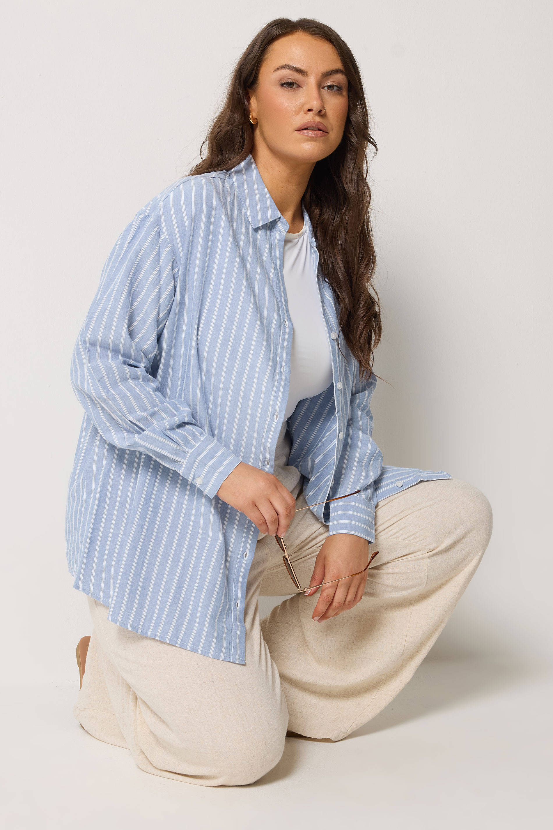 YOURS Plus Size Blue Stripe Linen Shirt | Yours Clothing 3