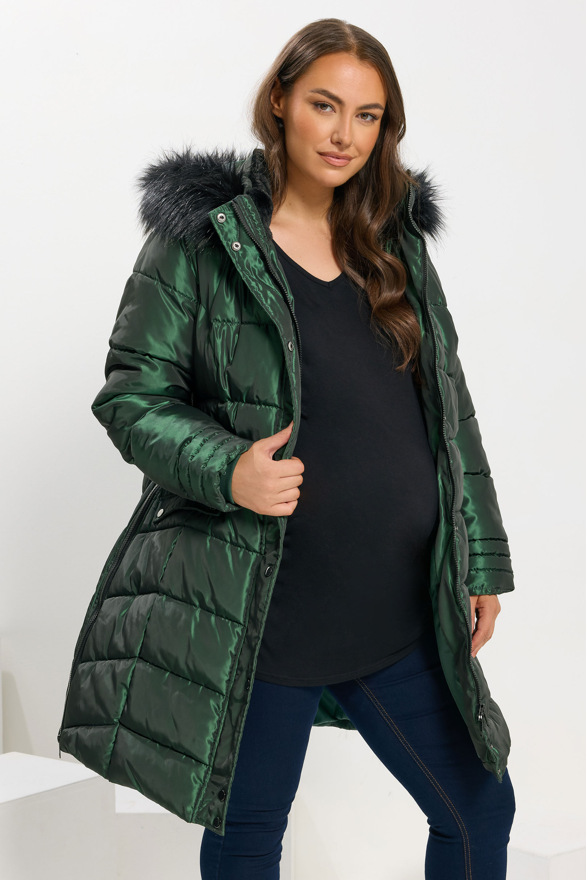 BUMP IT UP Maternity Plus Size Green Panelled Puffer Midi Coat | Yours Clothing 3