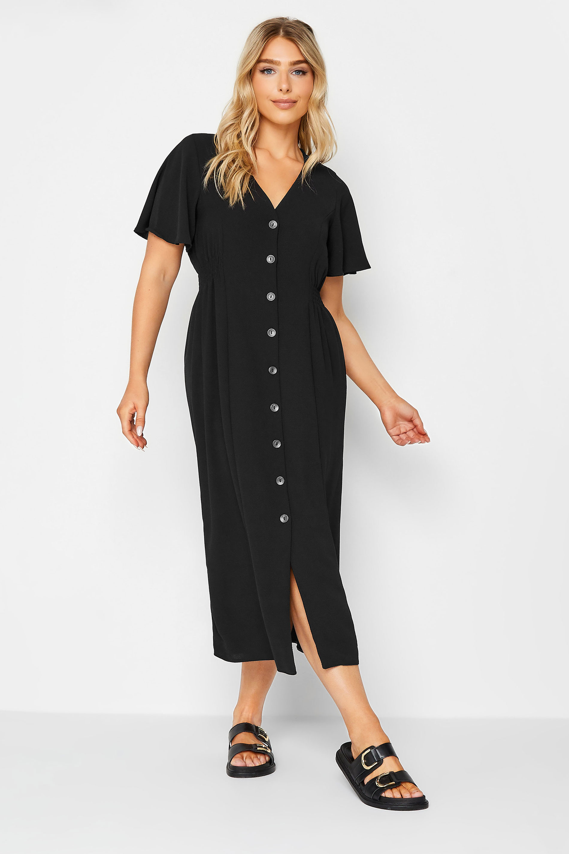 M&Co Black Shirred Waist Button Through Midi Dress | M&Co 1
