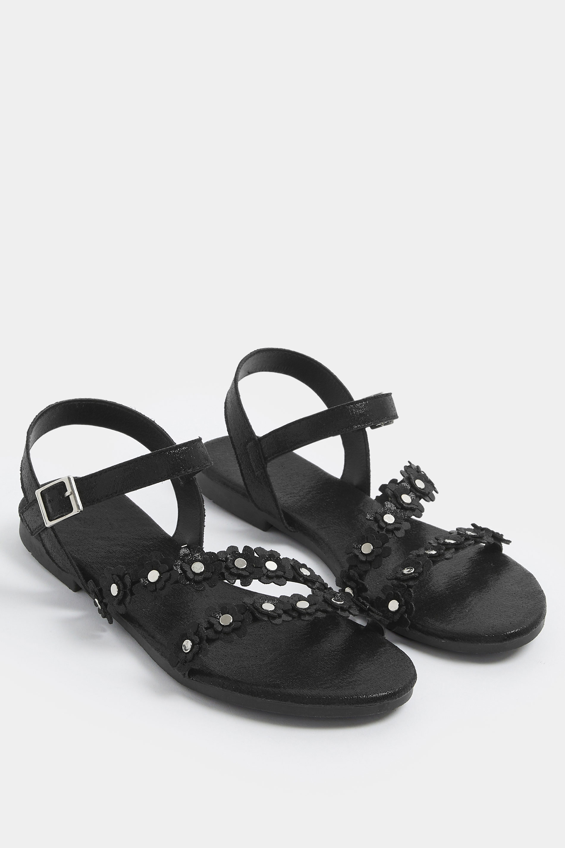 Black Ditsy Floral Sandals In Wide E Fit | Yours Clothing 1