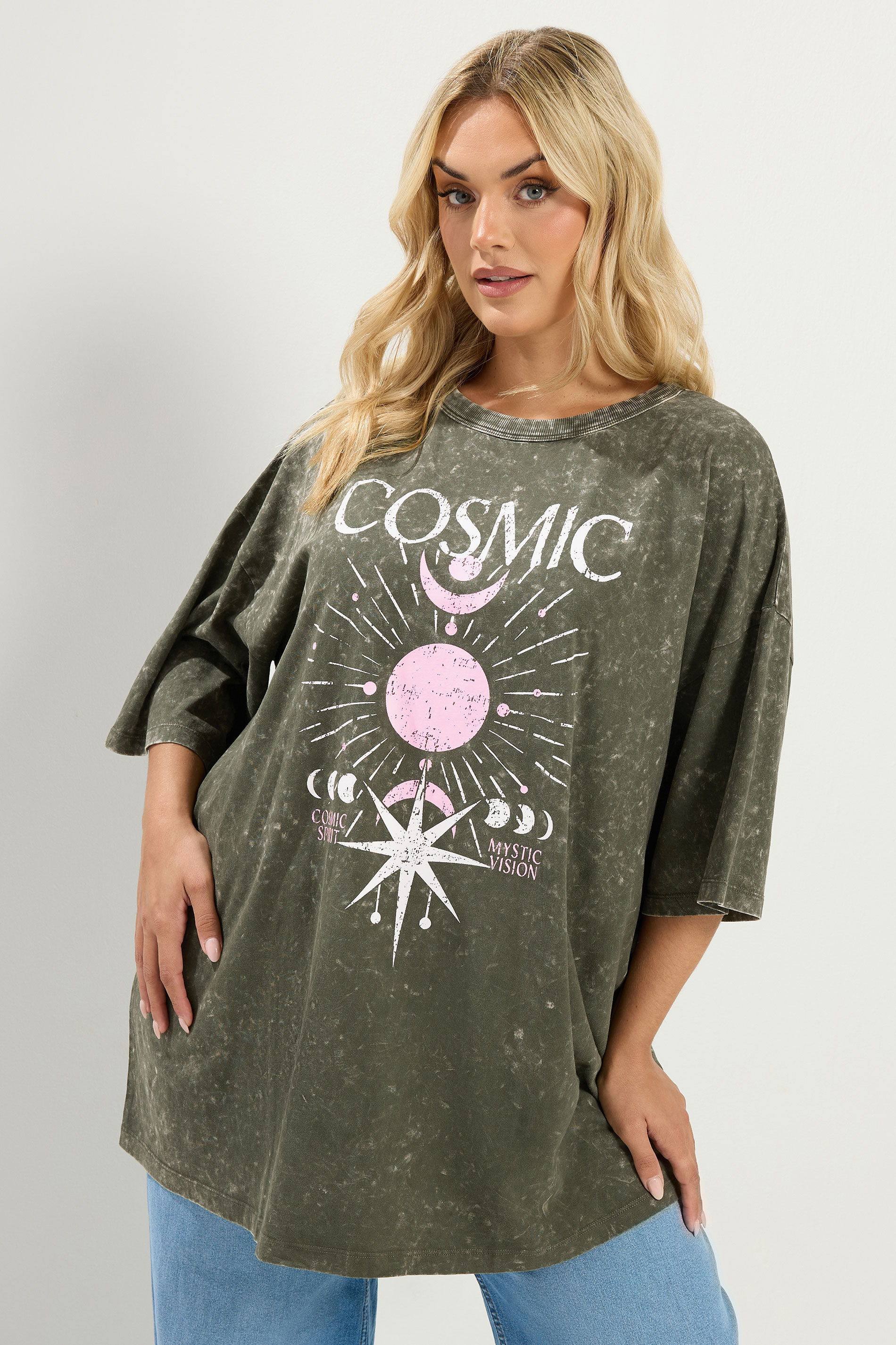 YOURS Plus Size Green Acid Wash 'Cosmic' Oversized T-Shirt | Yours Clothing 3