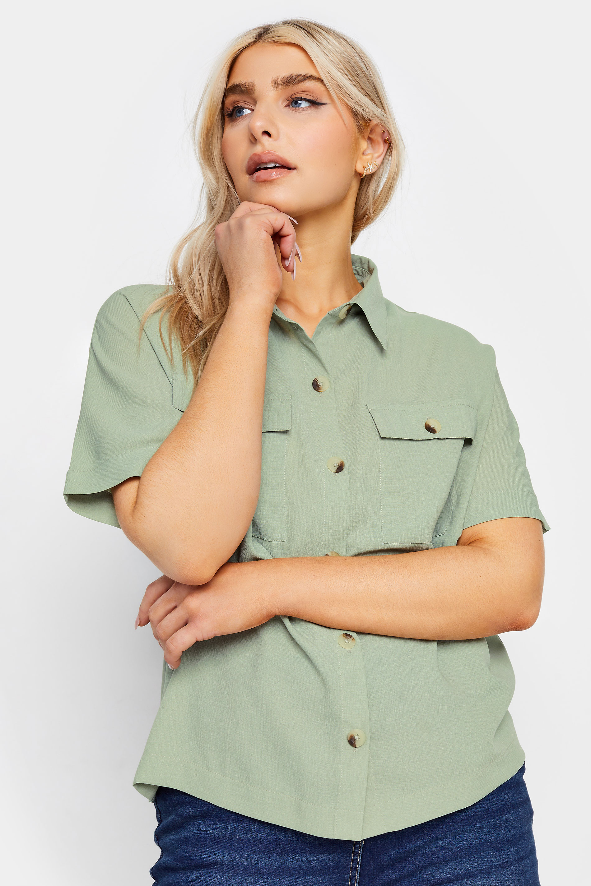 M&Co Sage Green Short Sleeve Utility Shirt | M&Co 2