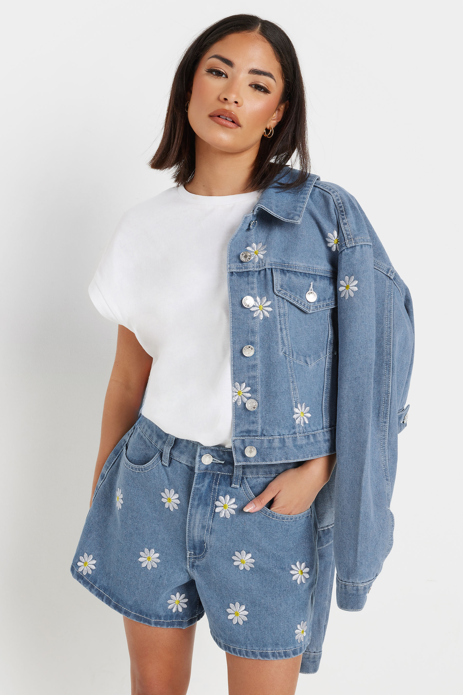 PixieGirl Petite Women's Blue Denim Daisy Embroidered Shorts | PixieGirl 1
