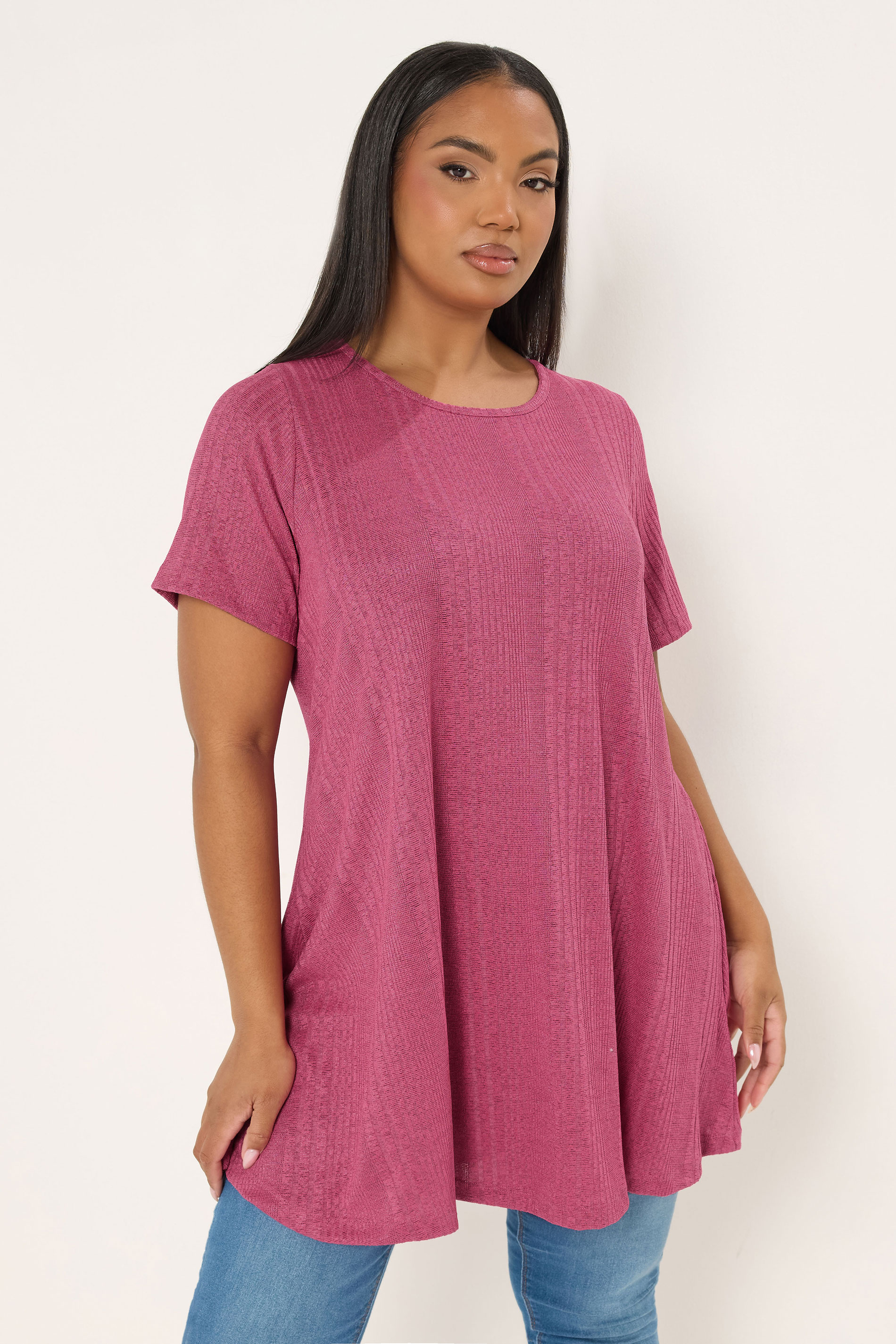 YOURS Plus Size Pink Soft Touch Ribbed Swing T-Shirt | Yours Clothing 3