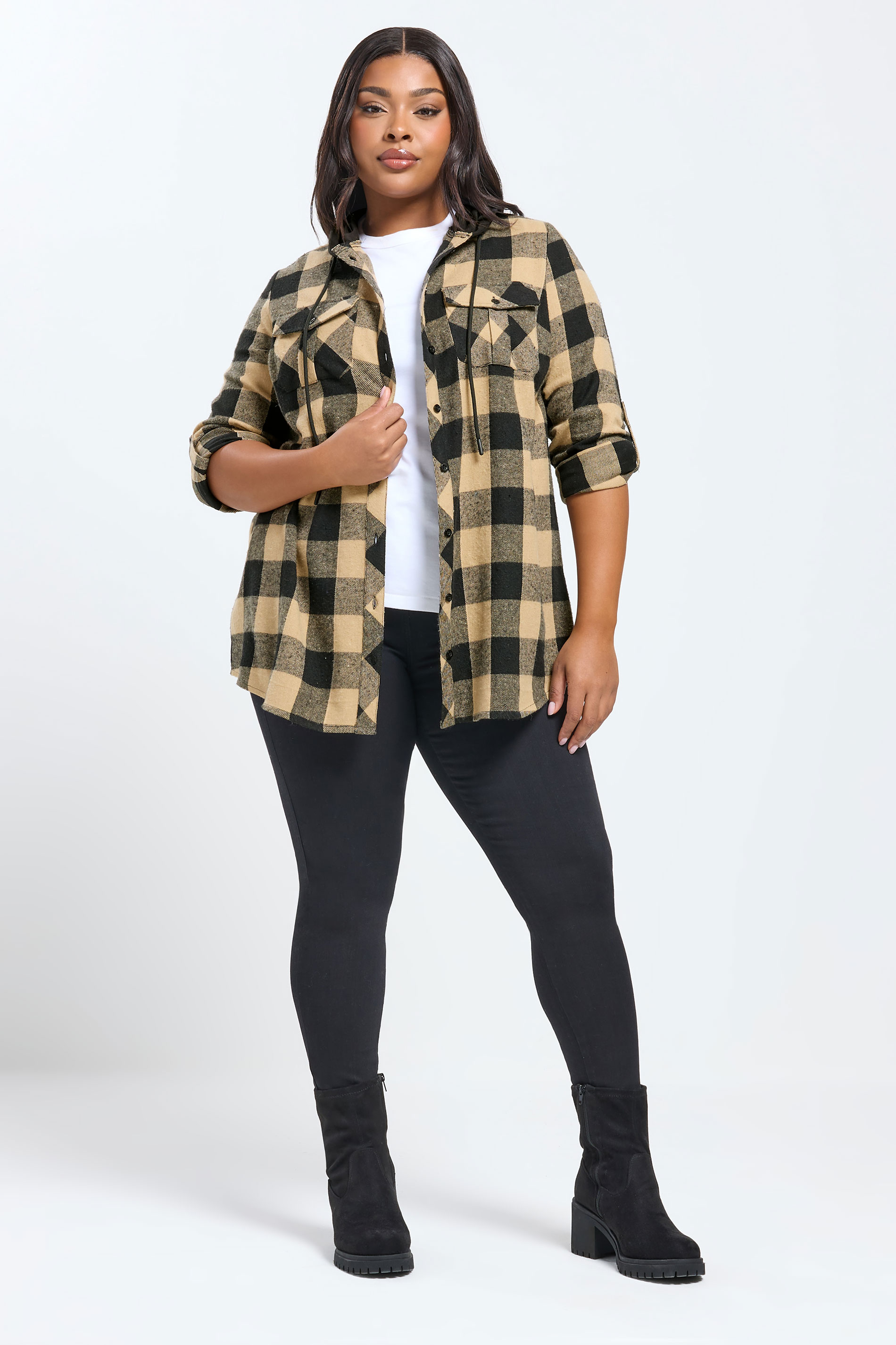 YOURS Plus Size Natural Brown Hooded Check Shirt | Yours Clothing 1
