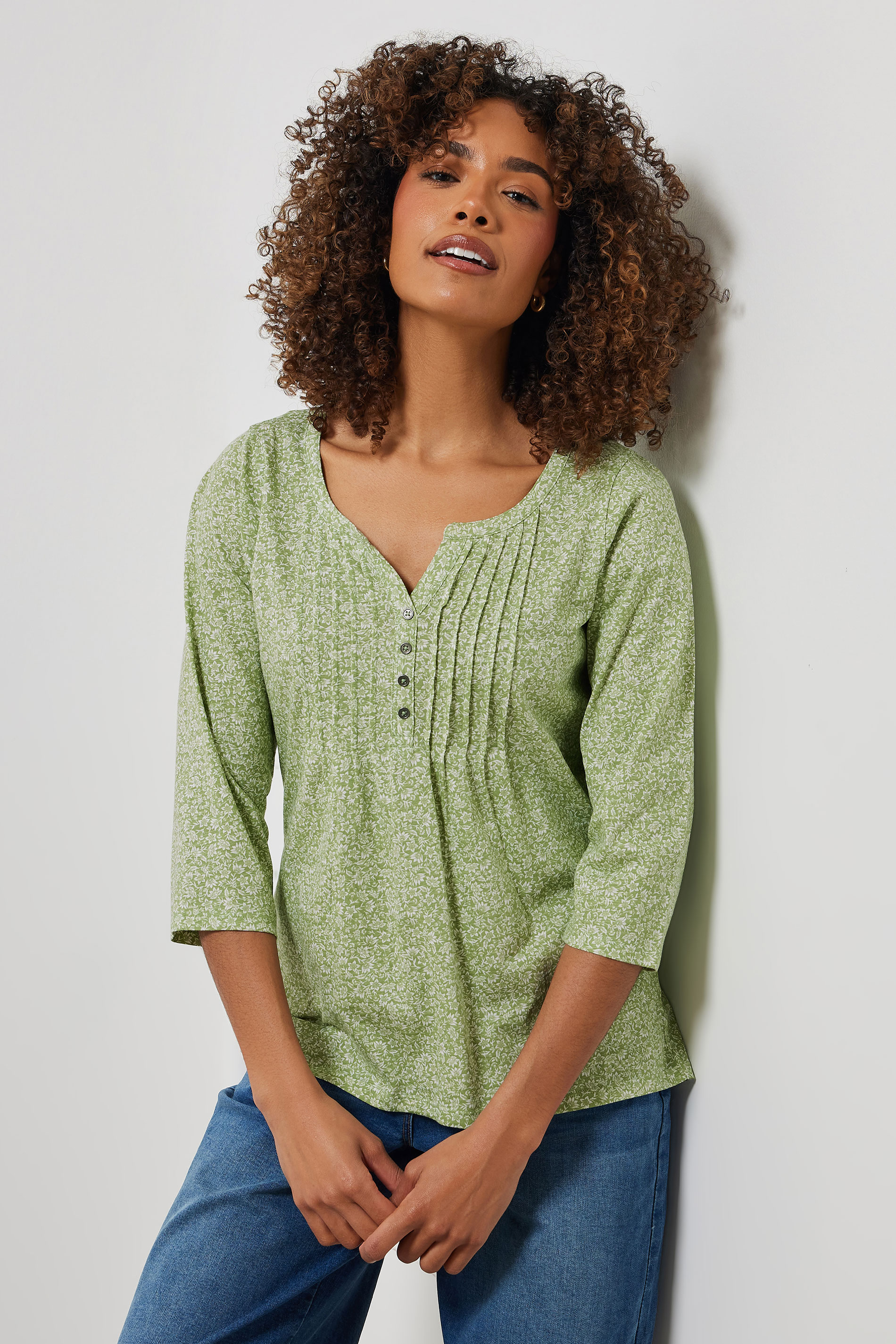 M&Co Green Floral Print Long Sleeve Cotton Henley Top | M&Co 1