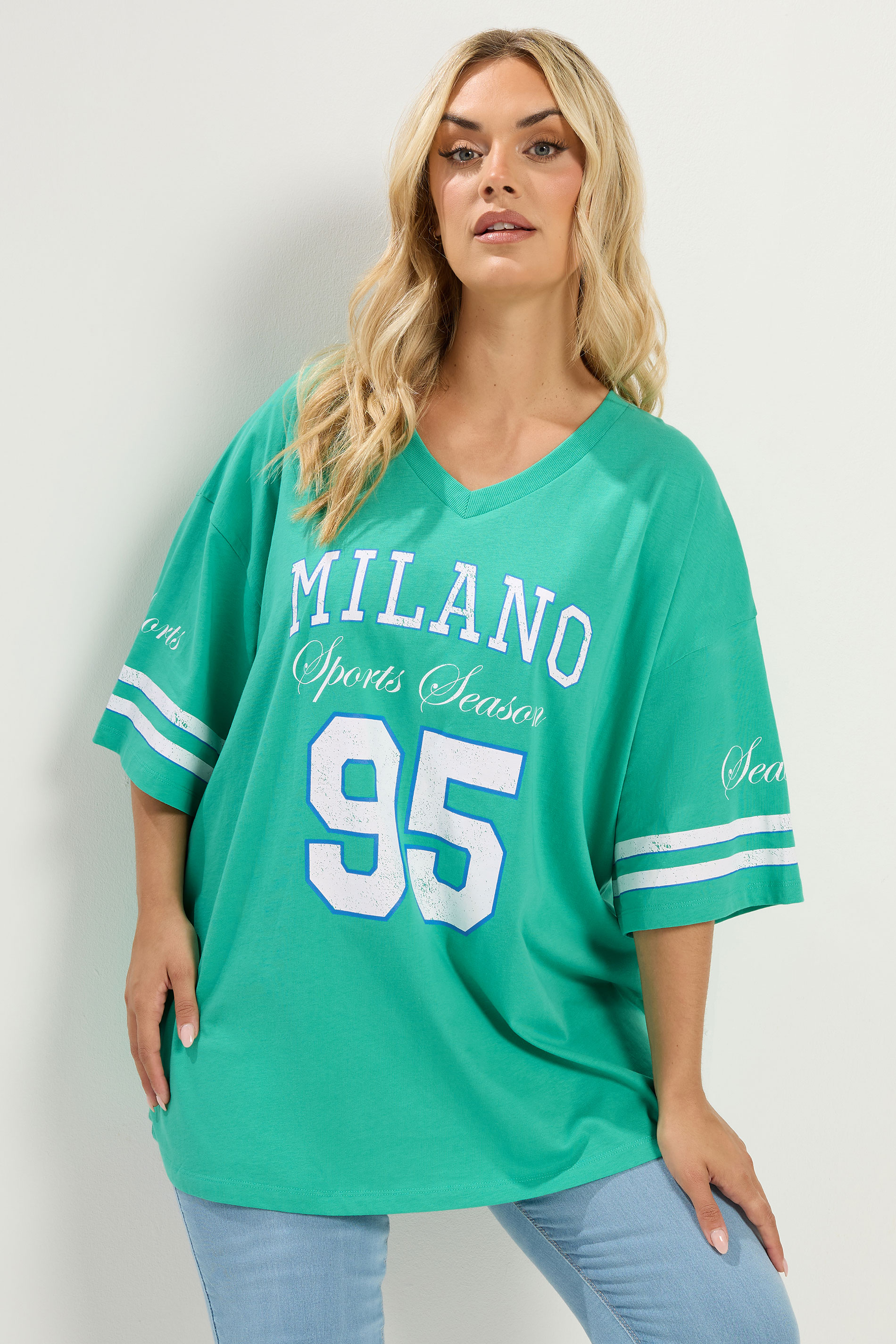YOURS Plus Size Green 'Milano' Boxy Varsity T-Shirt | Yours Clothing 1