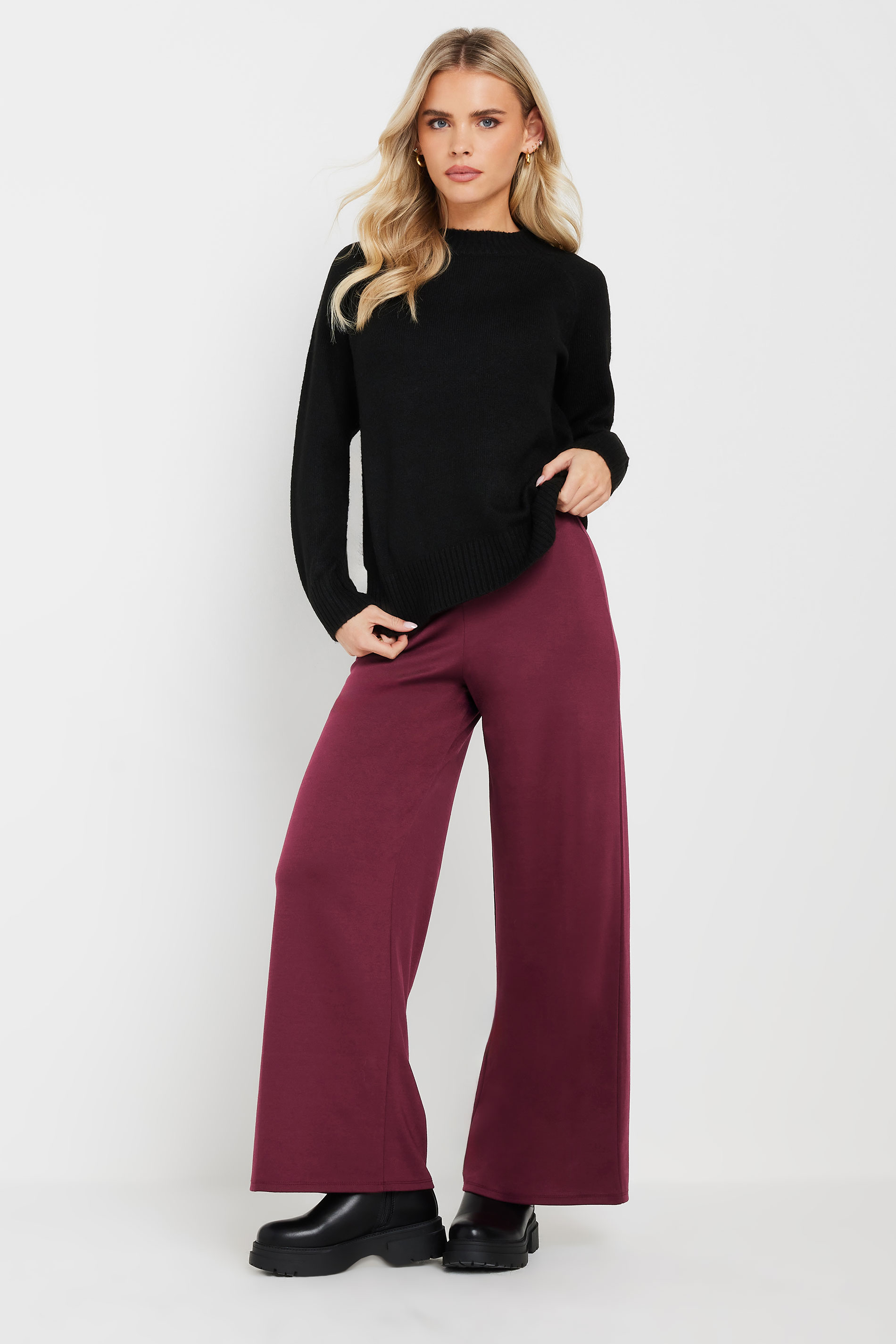PixieGirl Petite Women's Burgundy Red Tailored Tab Wide Leg Trousers | PixieGirl 1