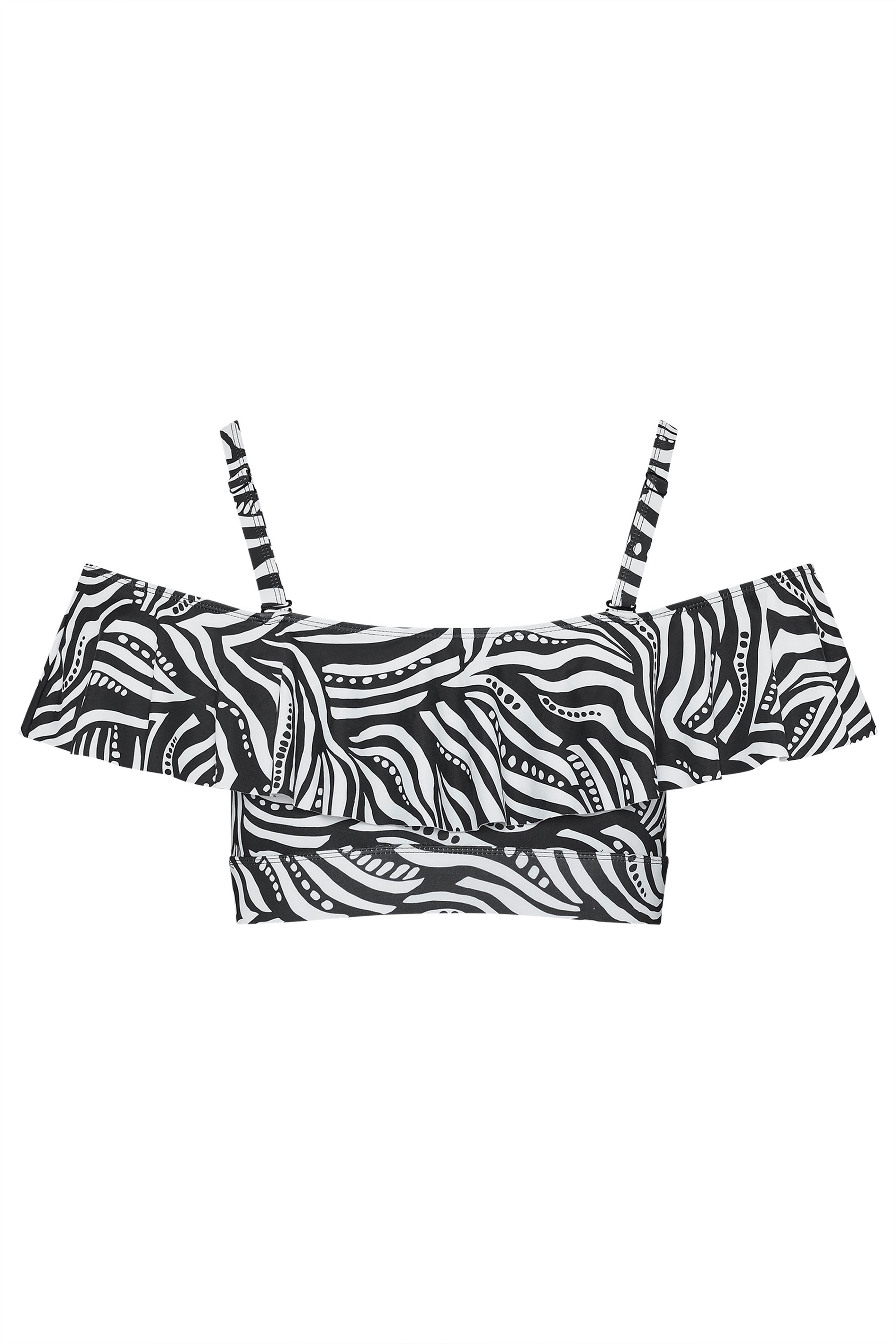 YOURS Plus Size Black Abstract Frill Bardot Bikini Top | Yours Clothing 10