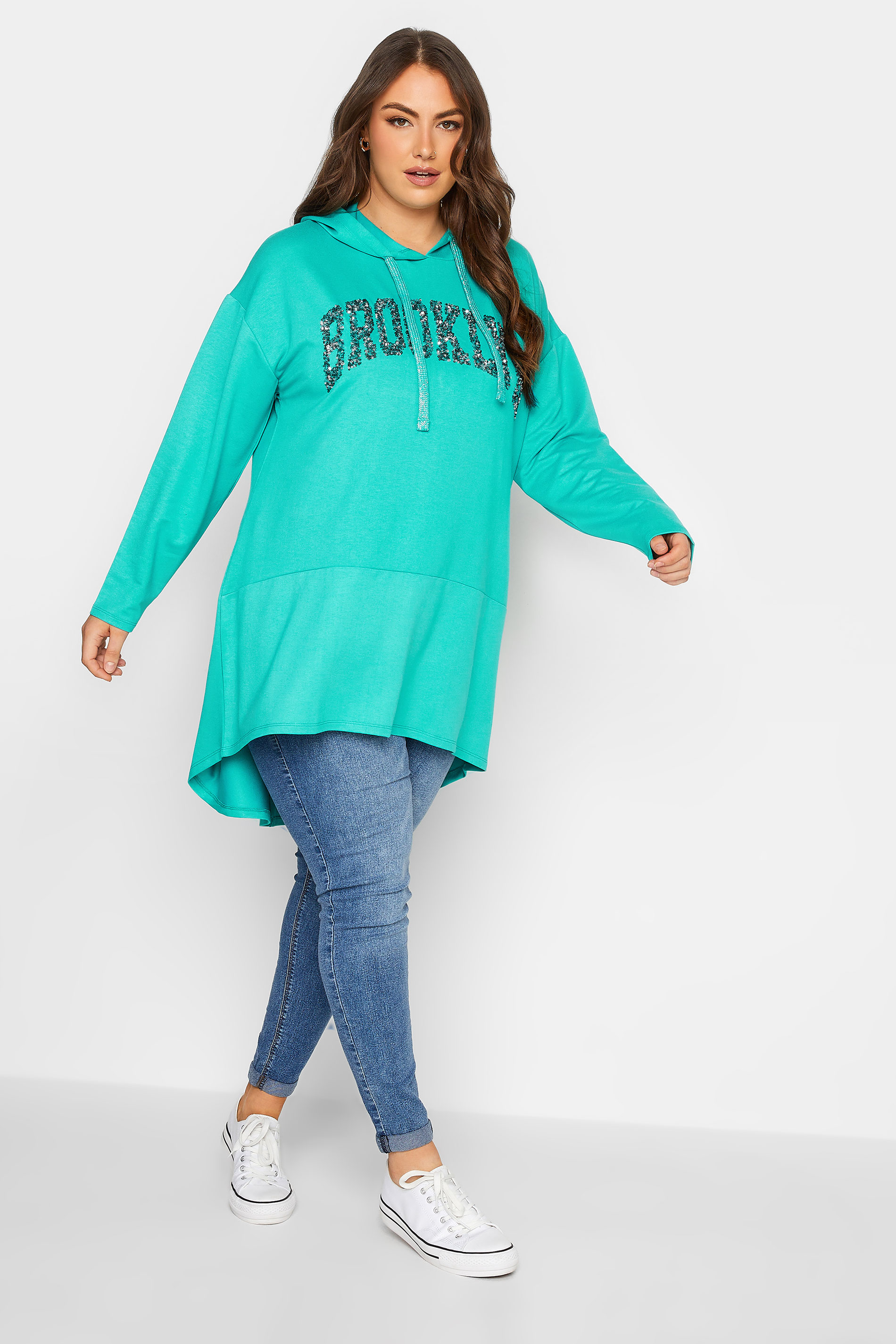 YOURS Plus Size Curve Turquoise Green 'Brooklyn' Slogan Longline Hoodie | Yours Clothing  2