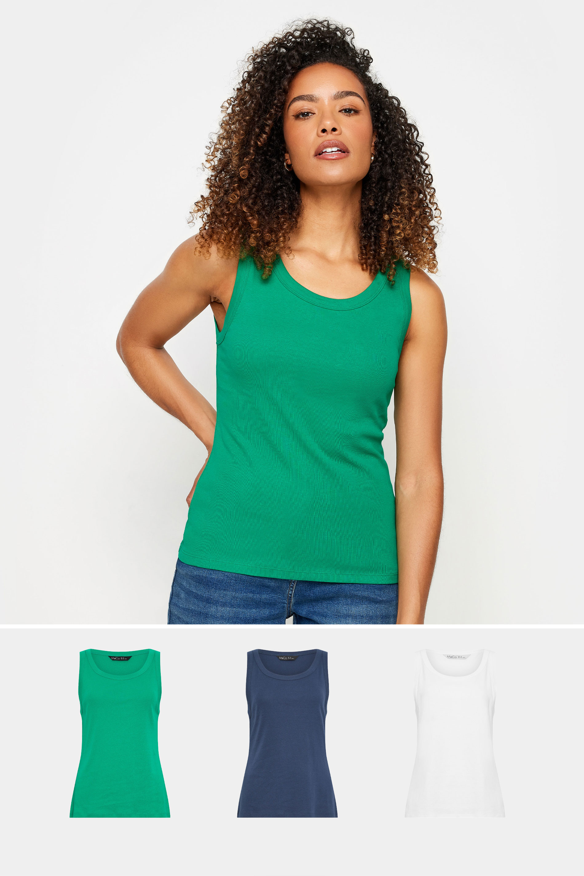 M&Co 3 PACK Green Blue & White Scoop Neck Cotton Vest Tops | M&Co 1