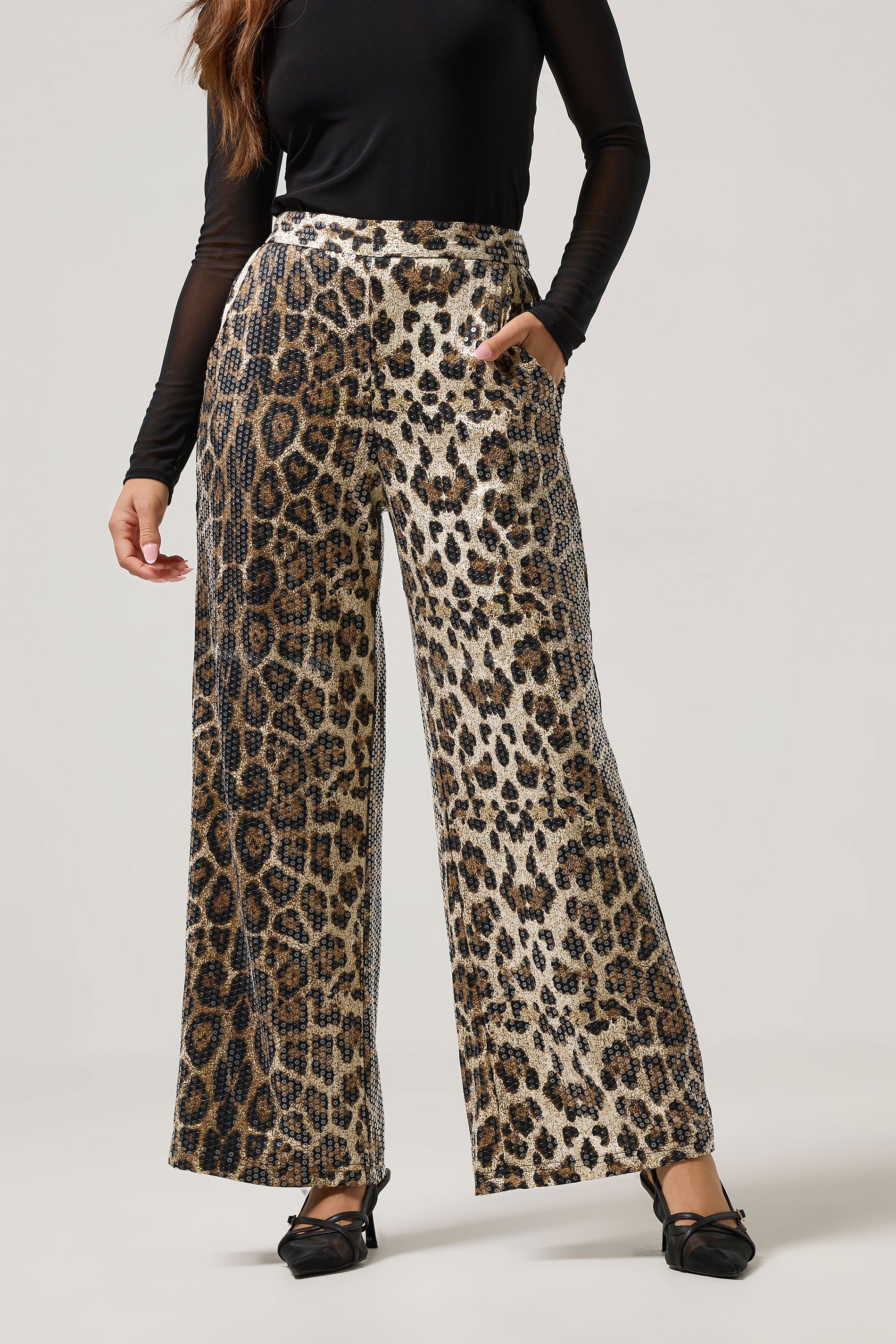 PixieGirl Petite Women's Brown Animal Sequin Wide Leg Trousers | PixieGirl 2