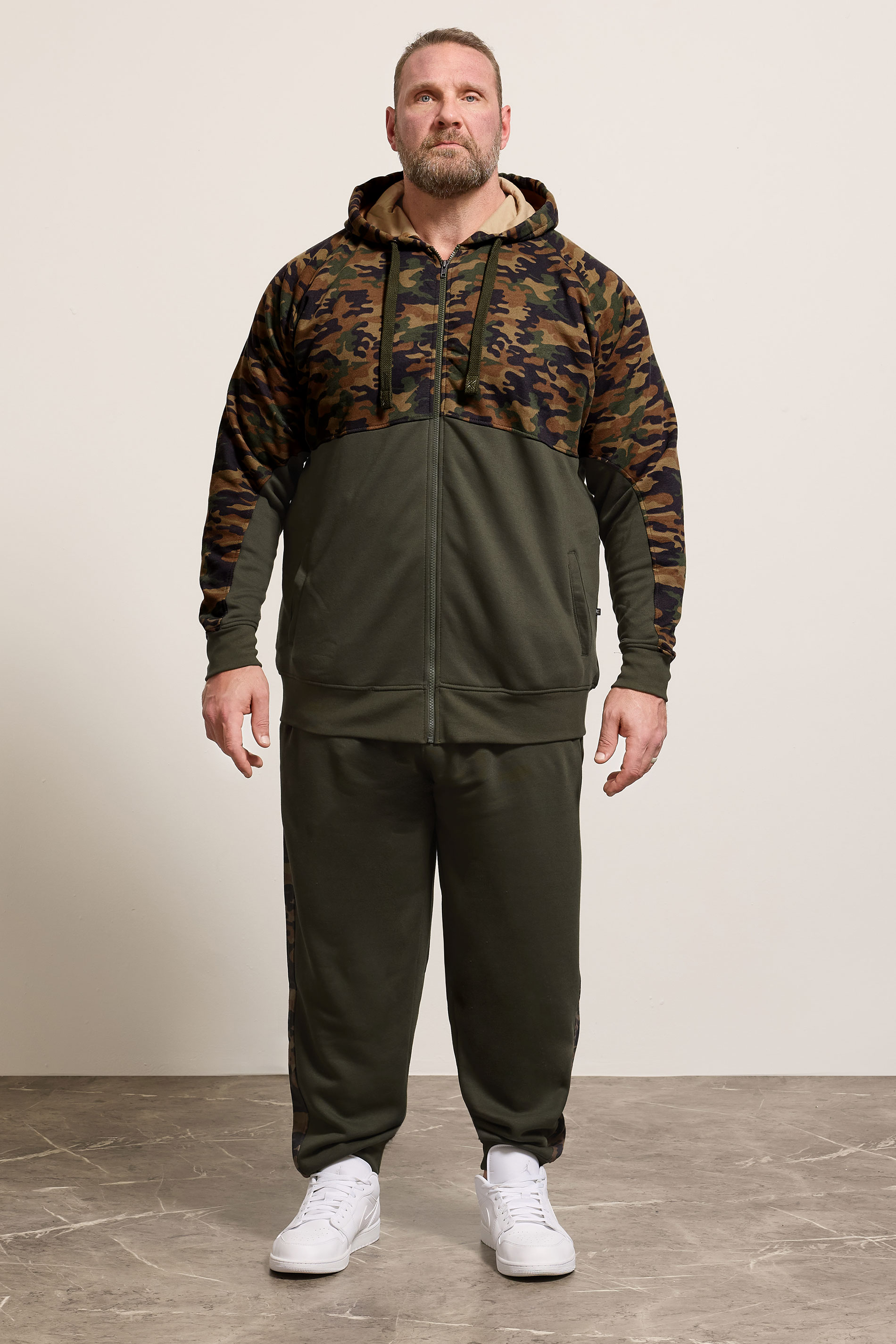 KAM Khaki Green Camo Colour Block Zip Through Hoodie | BadRhino 1