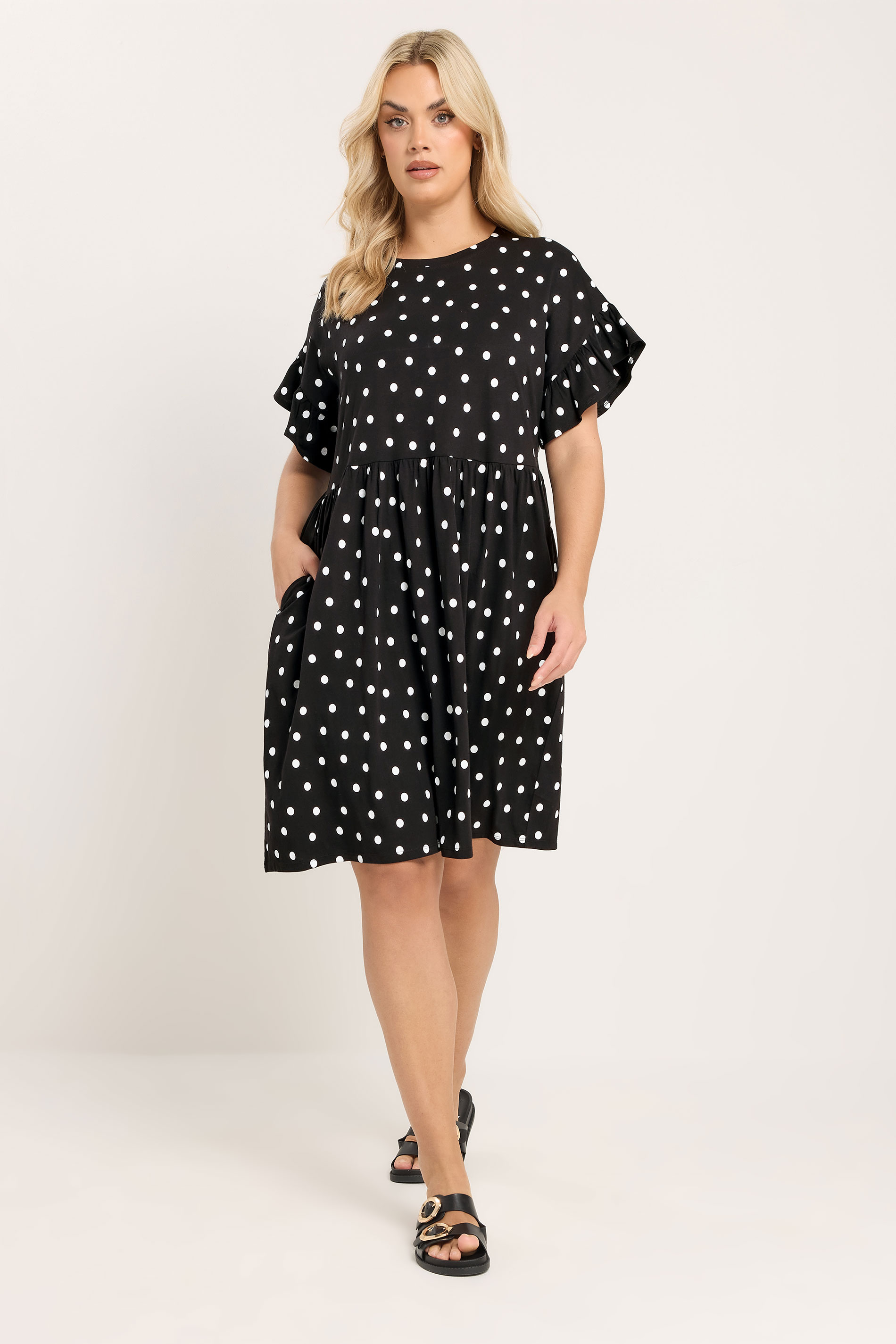 YOURS Plus Size Black Polka Dot Frill Sleeve Tunic Dress | Yours Clothing 3