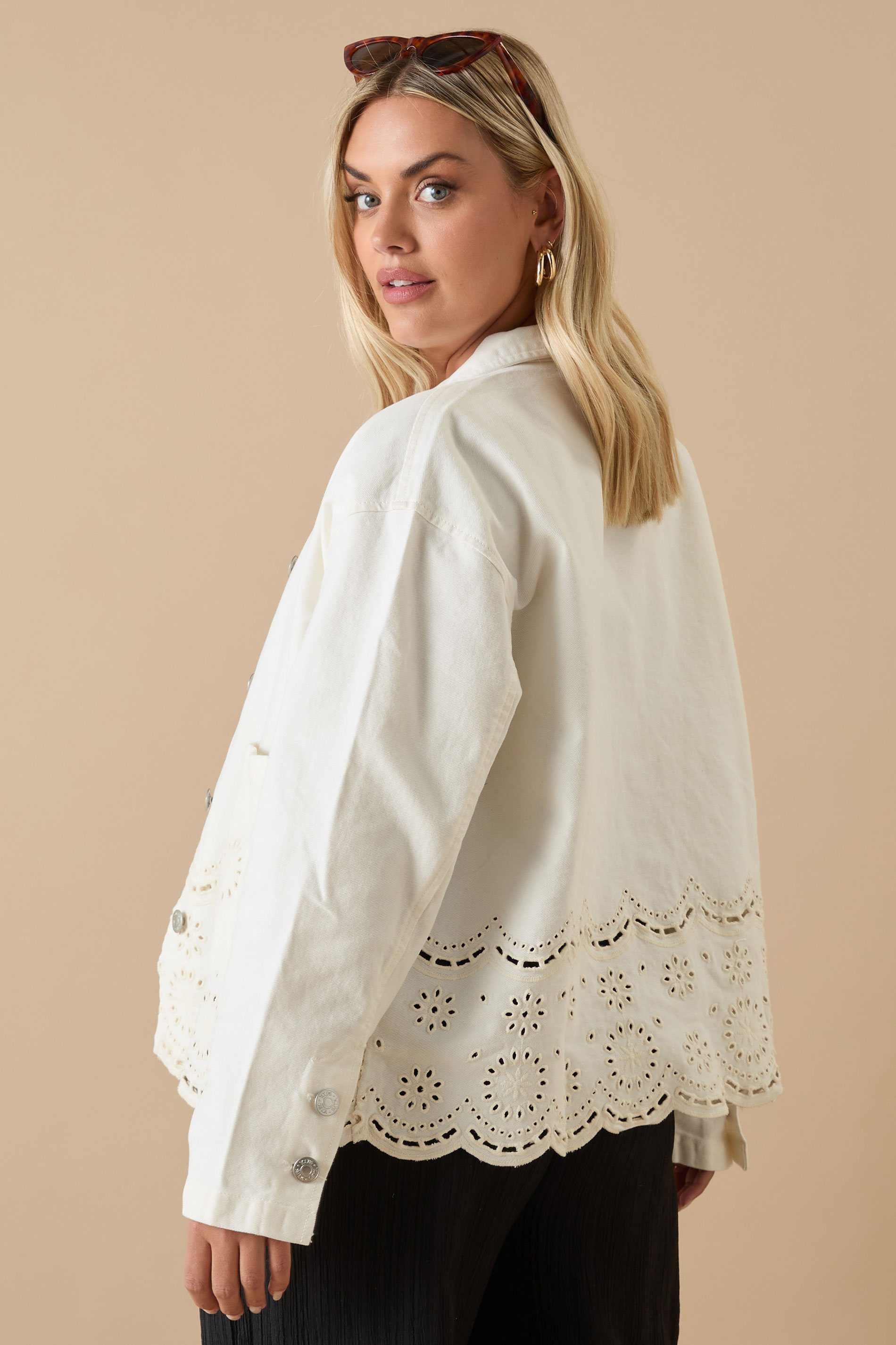 YOURS Plus Size Ivory White Broderie Anglaise Twill Shacket | Yours Clothing 2
