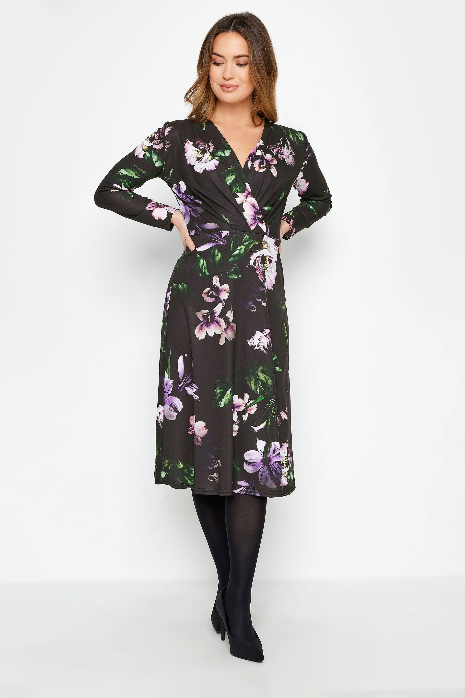 M&Co Petite Black Floral Print Wrap Dress | M&Co 1