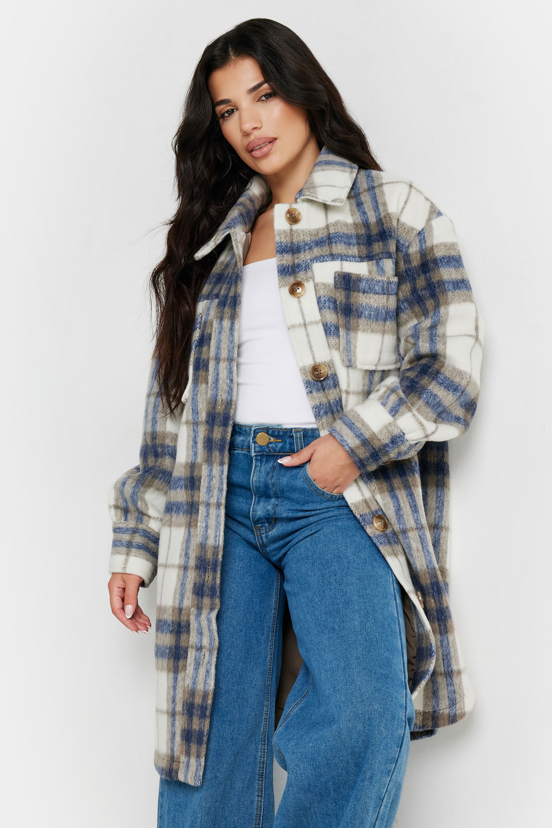 PixieGirl Petite Women's Blue Blurred Check Print Longline Shacket | PixieGirl 1