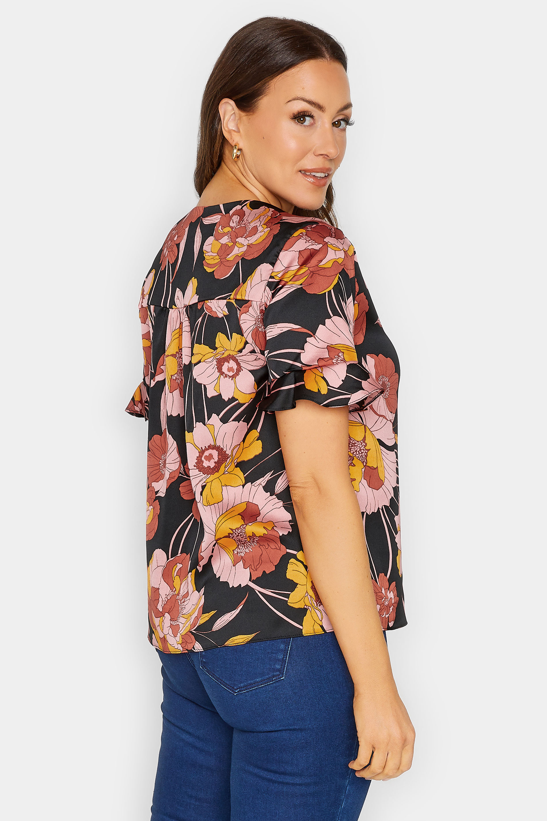M&Co Black Floral Print Frill Sleeve Blouse | M&Co 3