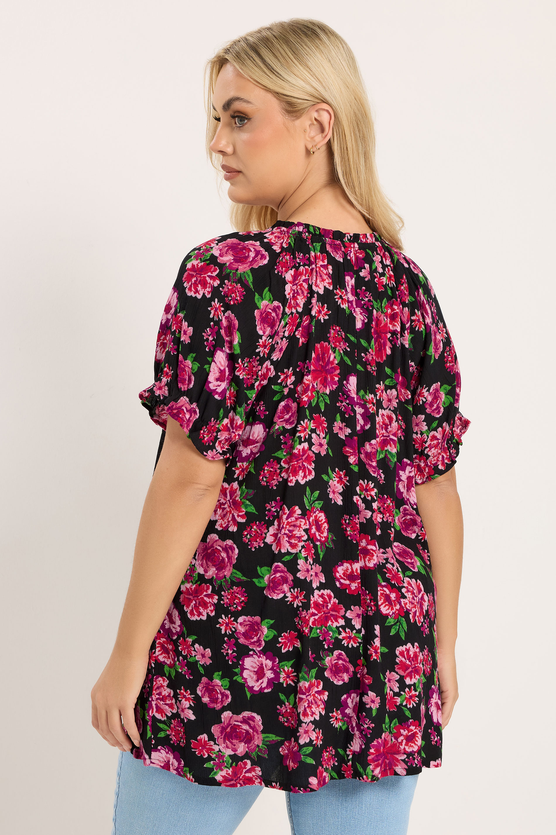 YOURS Plus Size Black & Pink Floral Notch Neck Blouse | Yours Clothng 2