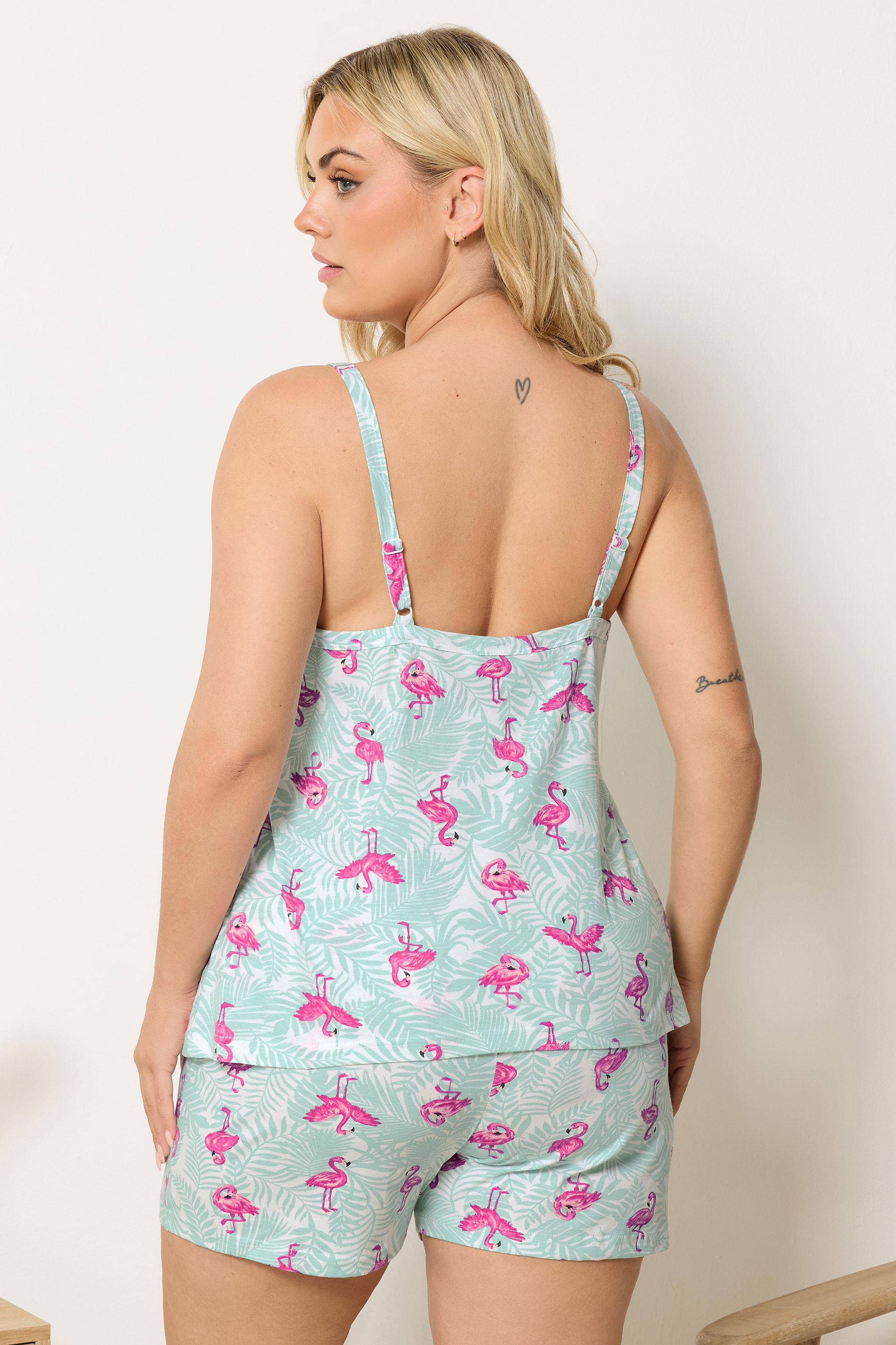 YOURS Plus Size Green Flamingo Print Pyjama Set | Yours Clothing 2