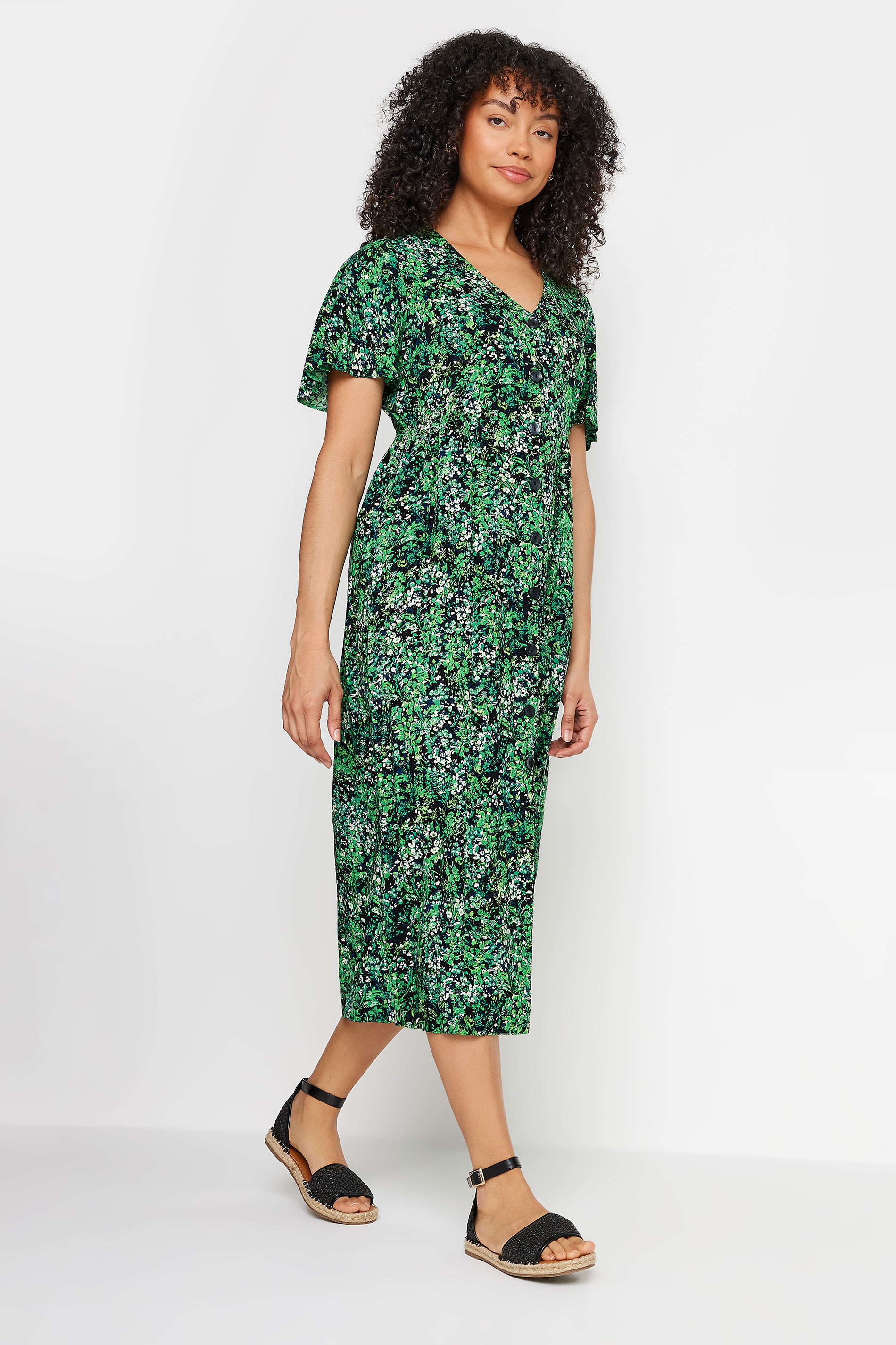 M&Co Green Floral Print Button Through Midi Tea Dress | M&Co 2