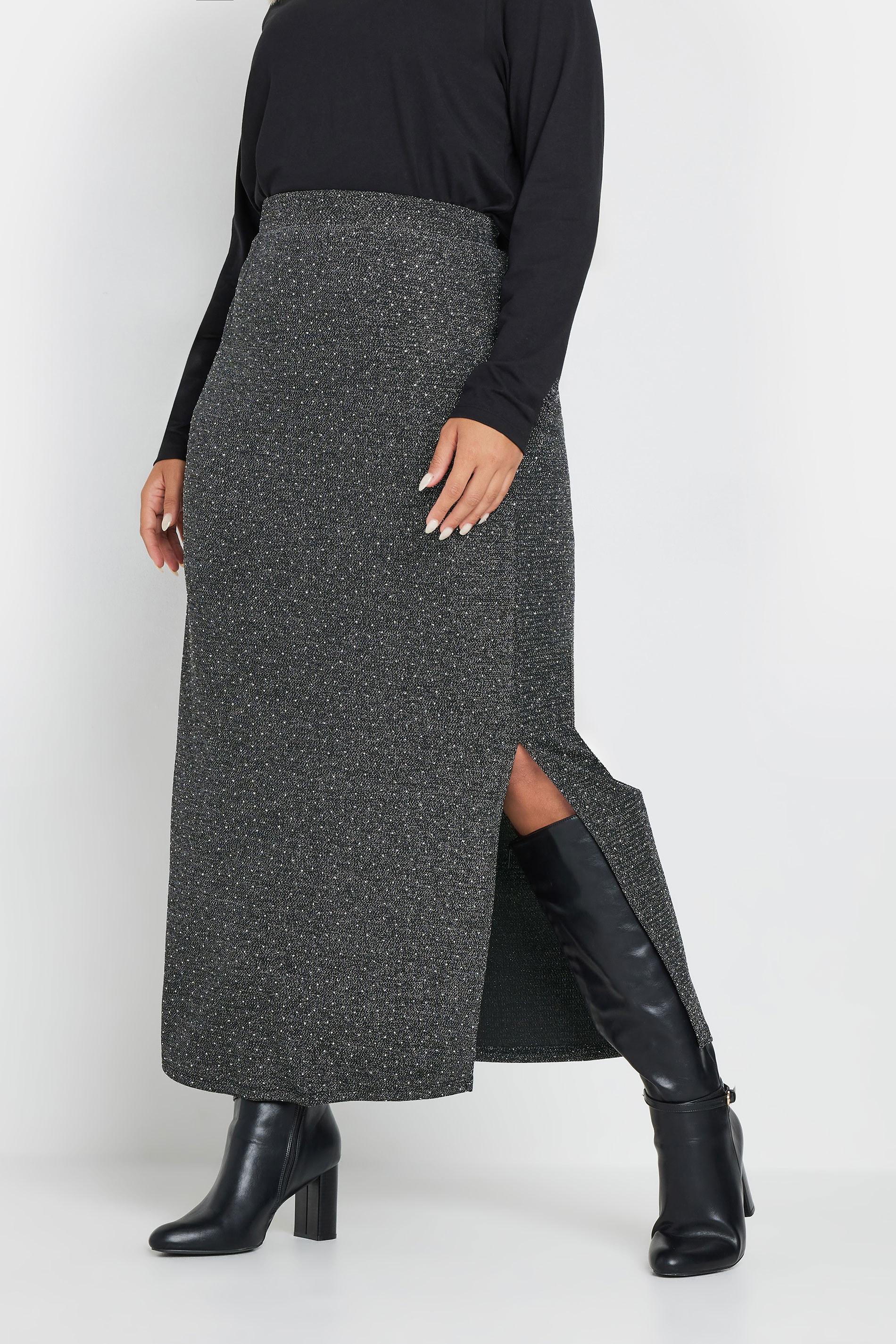 YOURS Plus Size Silver Metallic Side Split Midi Skirt | Yours Clothing 1
