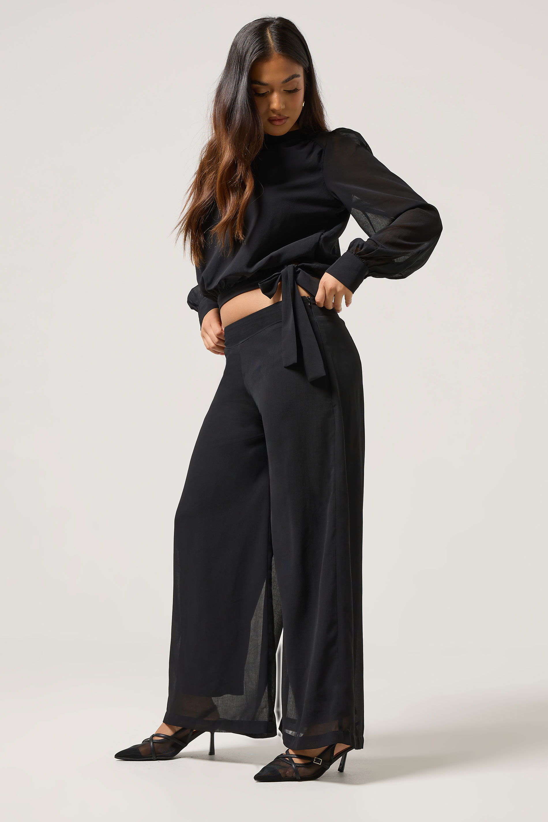PixieGirl Petite Women's Black Chiffon Palazzo Trousers | PixieGirl 3