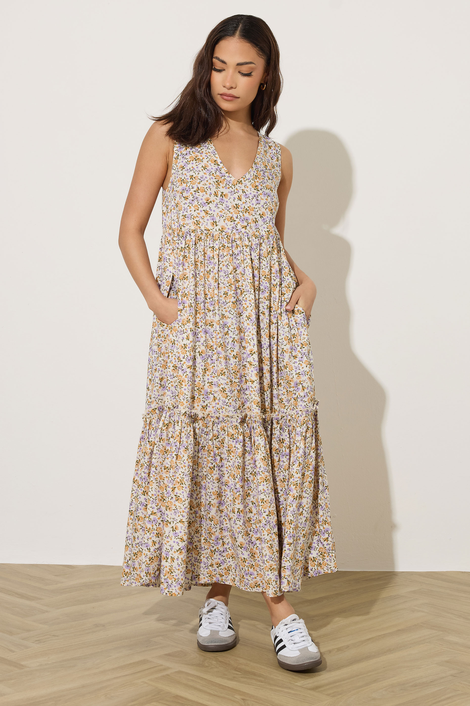 PixieGirl Petite Women's Lilac Purple Ditsy Floral Tiered Midi Dress | PixieGirl 1