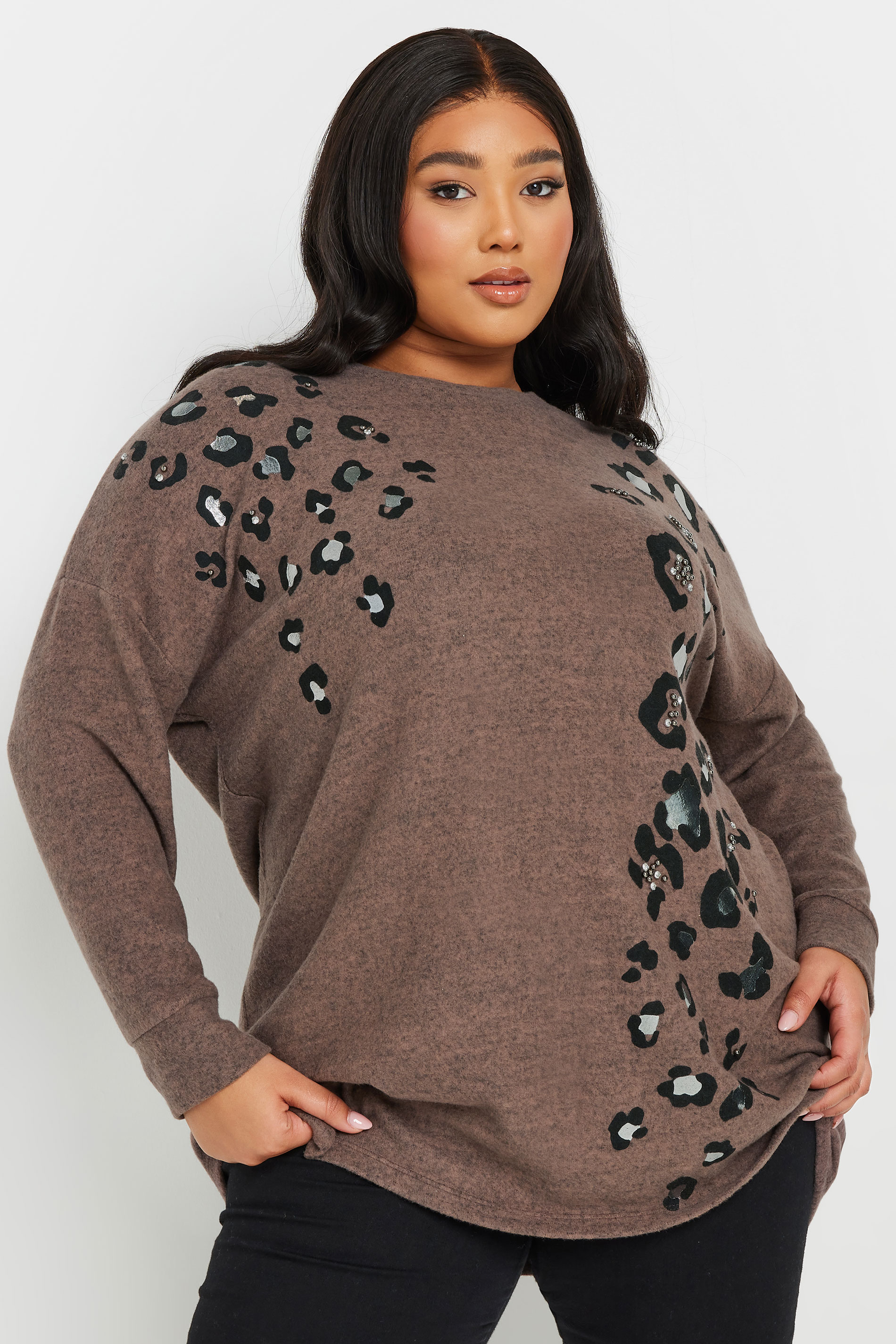 YOURS Plus Size Brown Soft Touch Leopard Print Jumper | Yours Clothing 3