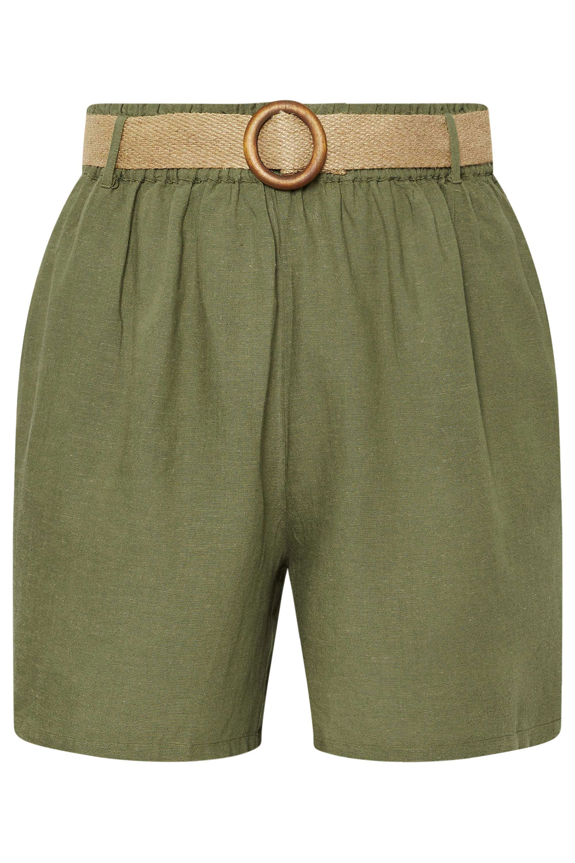 YOURS Plus Size Khaki Green Belted Linen Shorts | Yours Clothing 5