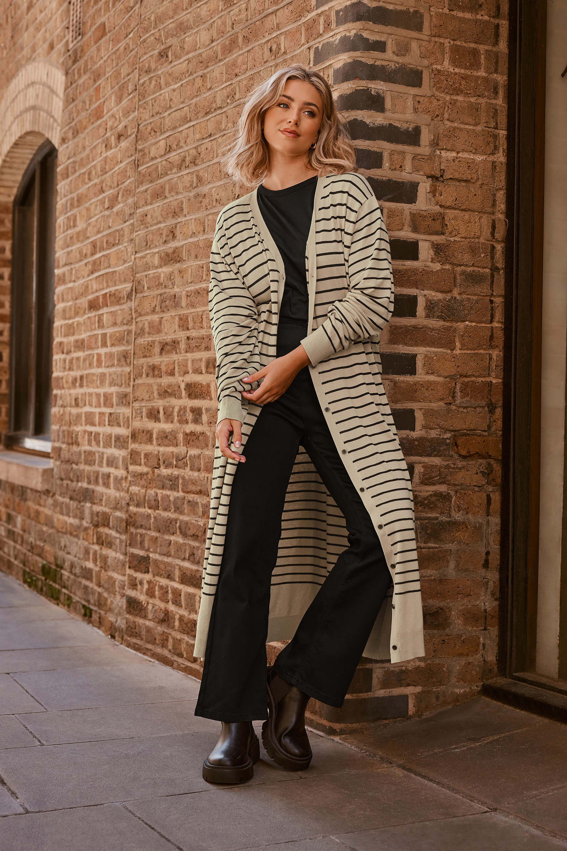YOURS Plus Size Beige Brown Stripe Maxi Cardigan | Yours Clothing 1