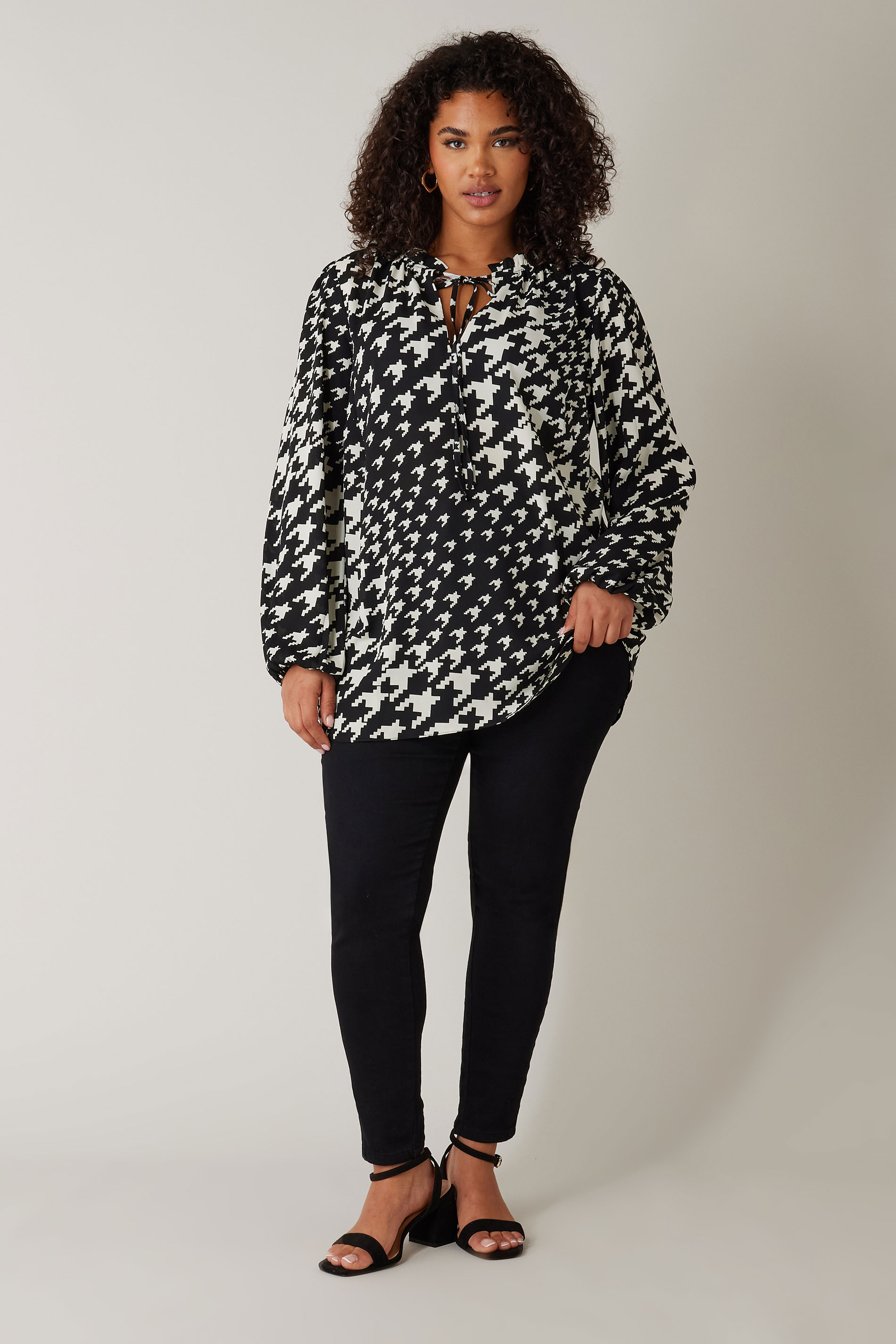 EVANS Plus Size Black Dogtooth Print Tie Neck Blouse | Evans 1