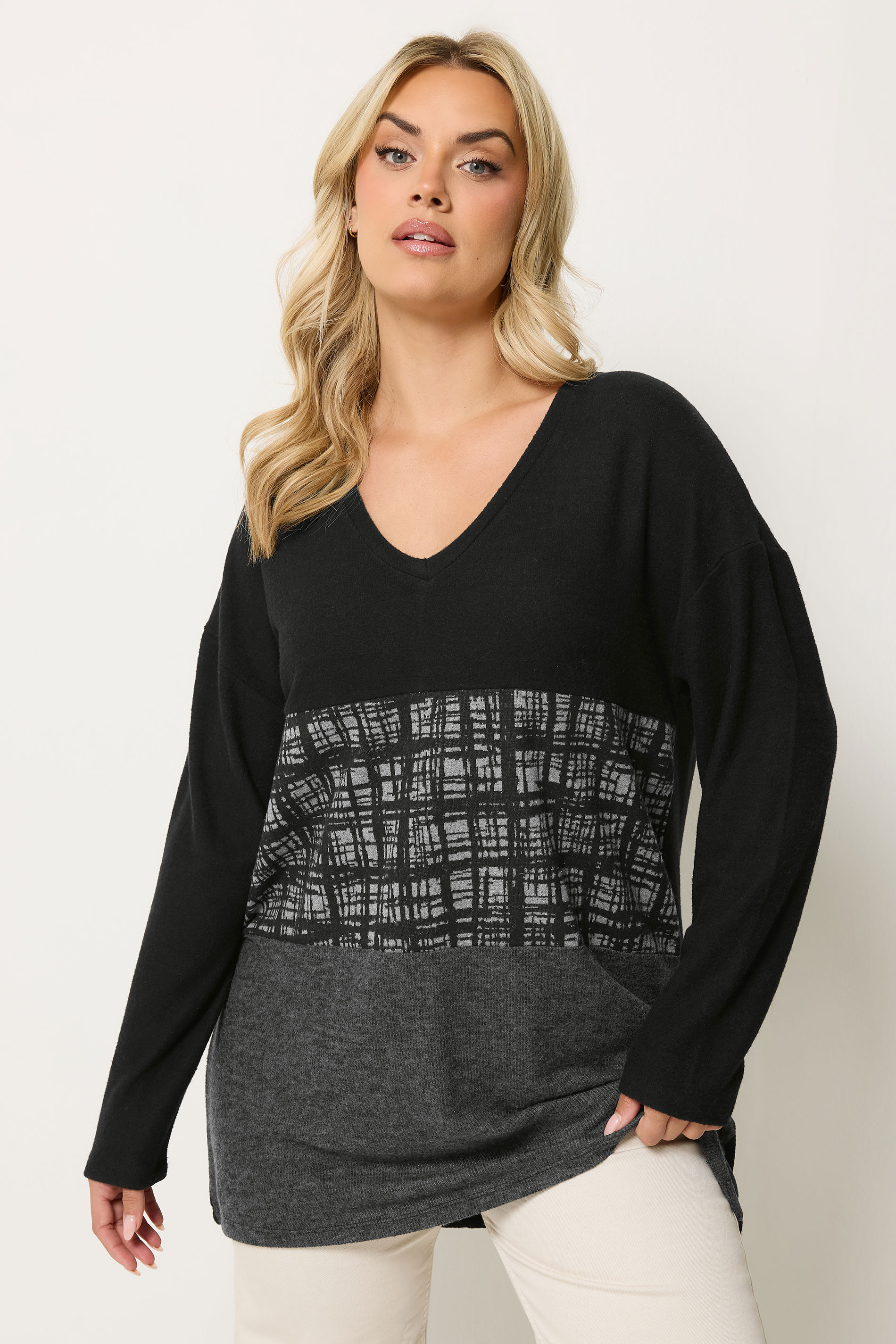 YOURS Plus Size Black Colourblock Soft Touch Top | Yours Clothing 3