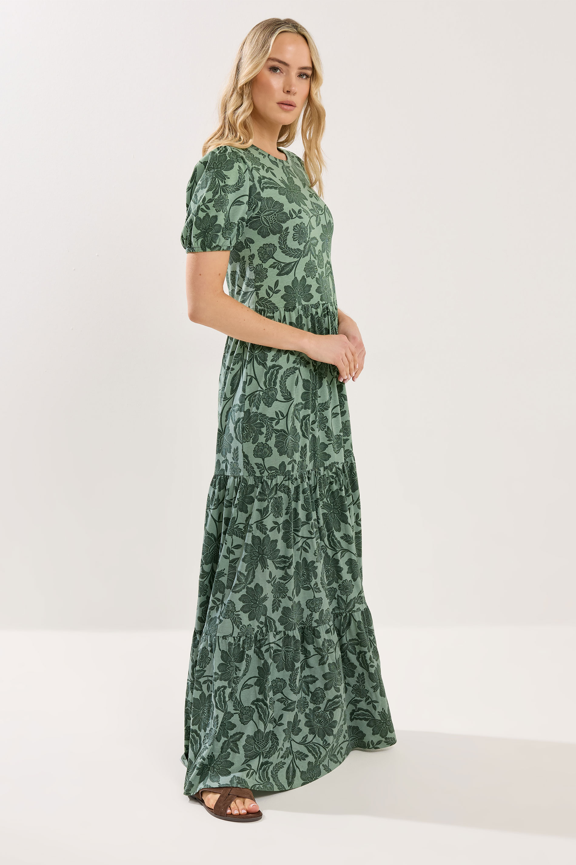 LTS Tall Women's Green Floral Tiered Cotton Maxi Dress | Long Tall Sally 1