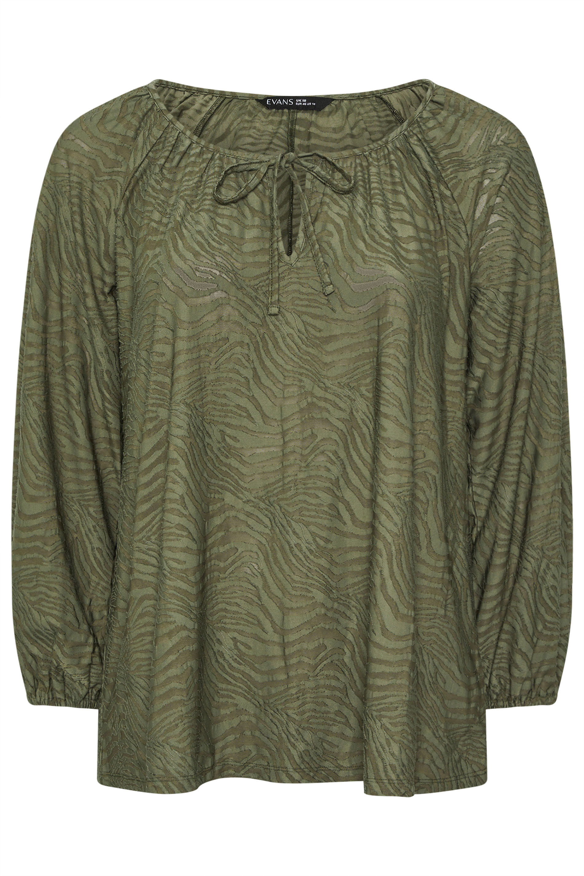 EVANS Plus Size Khaki Green Zebra Burnout Blouse | Evans 5