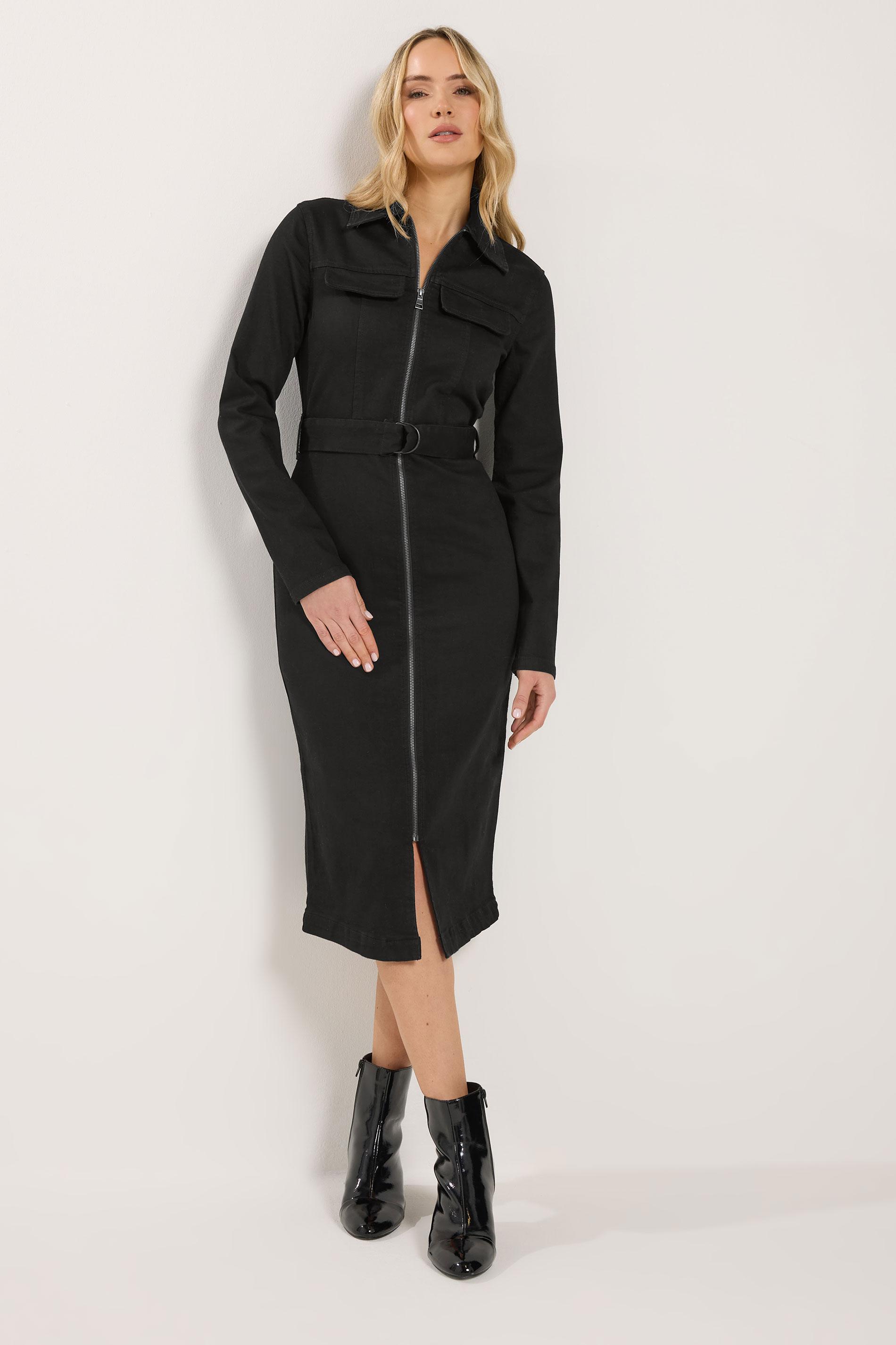 LTS Tall Women's Black Zip Through Denim Midi Dress | Long Tall Sally 1