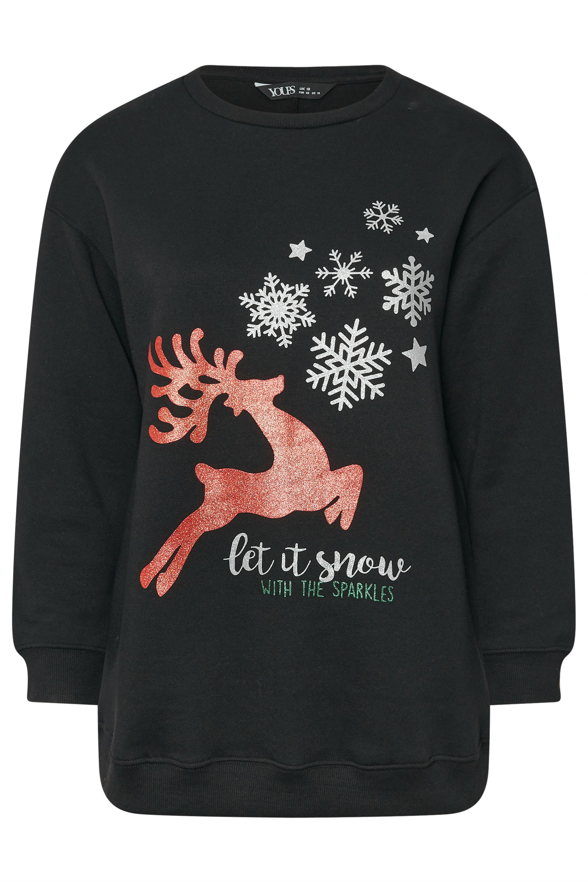 YOURS Plus Size Black 'Let It Snow' Reindeer Print Sweatshirt | Yours Clothing  5
